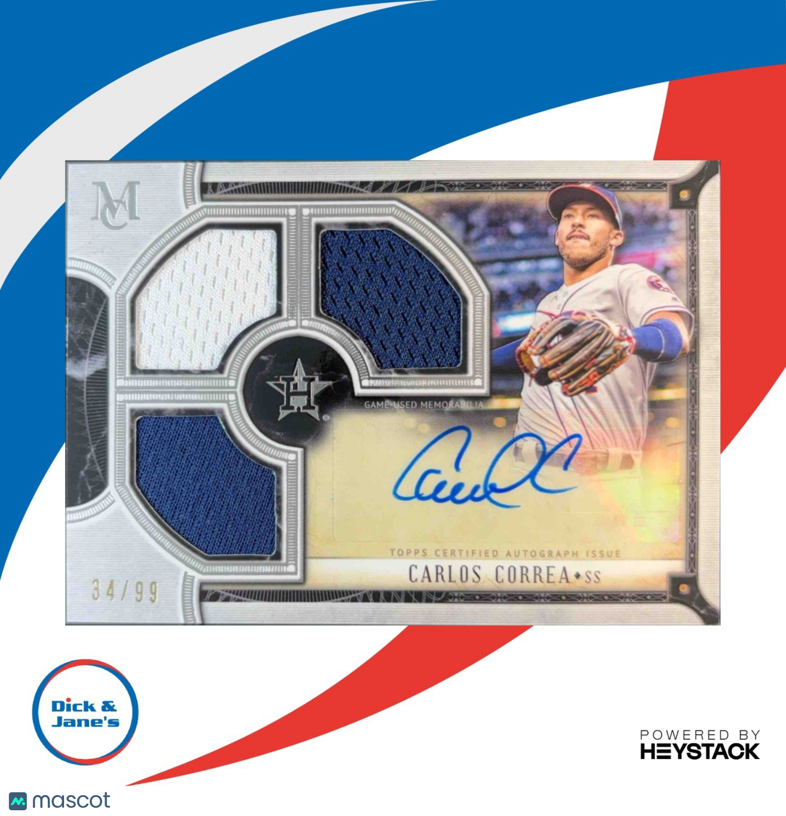 2018 Topps Museum Collection Carlos Correa Signature JSY Triple Relic Auto 34/99