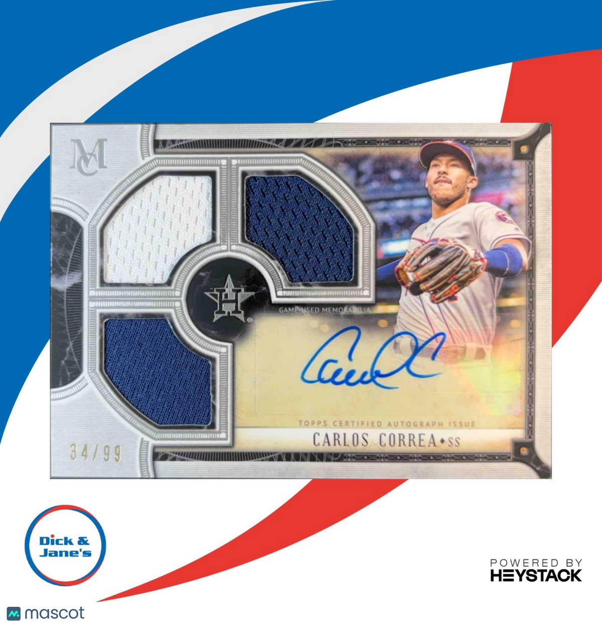 2018 Topps Museum Collection Carlos Correa Signature JSY Triple Relic Auto 34/99