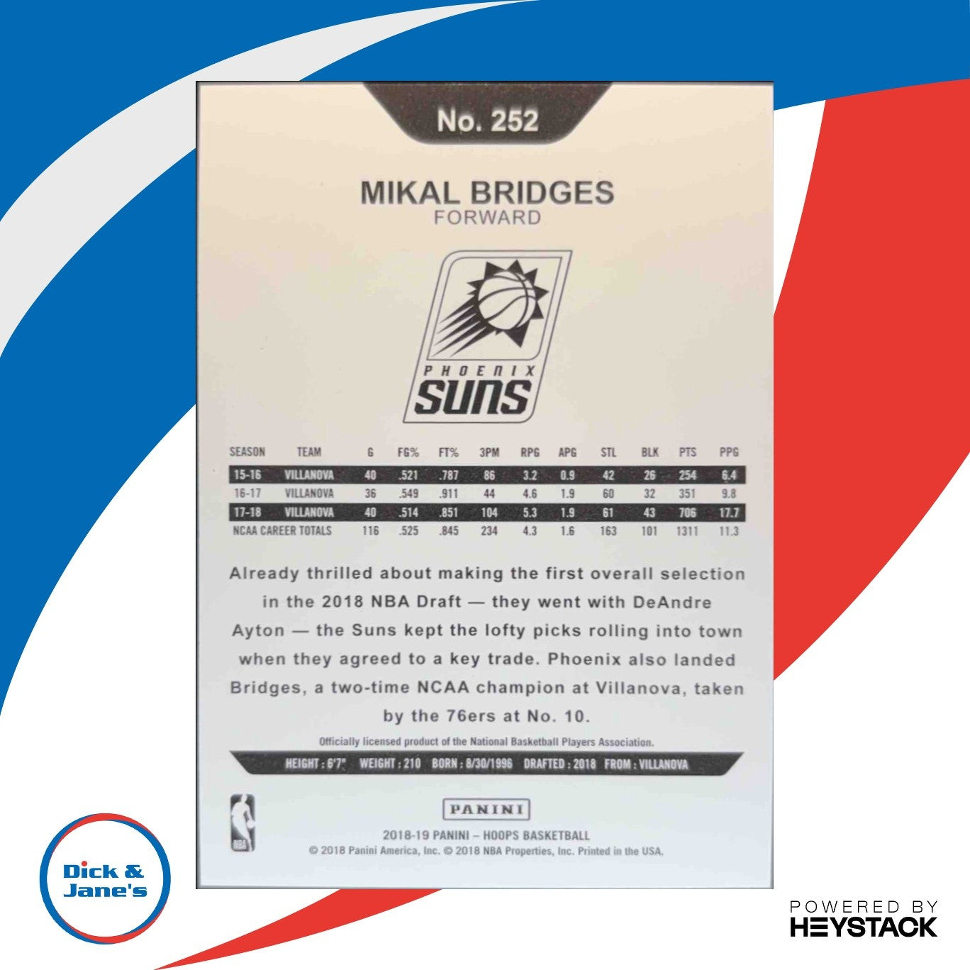 2018-19 Panini Hoops Mikal Bridges Silver 154/199 #252 RC Phoenix Suns