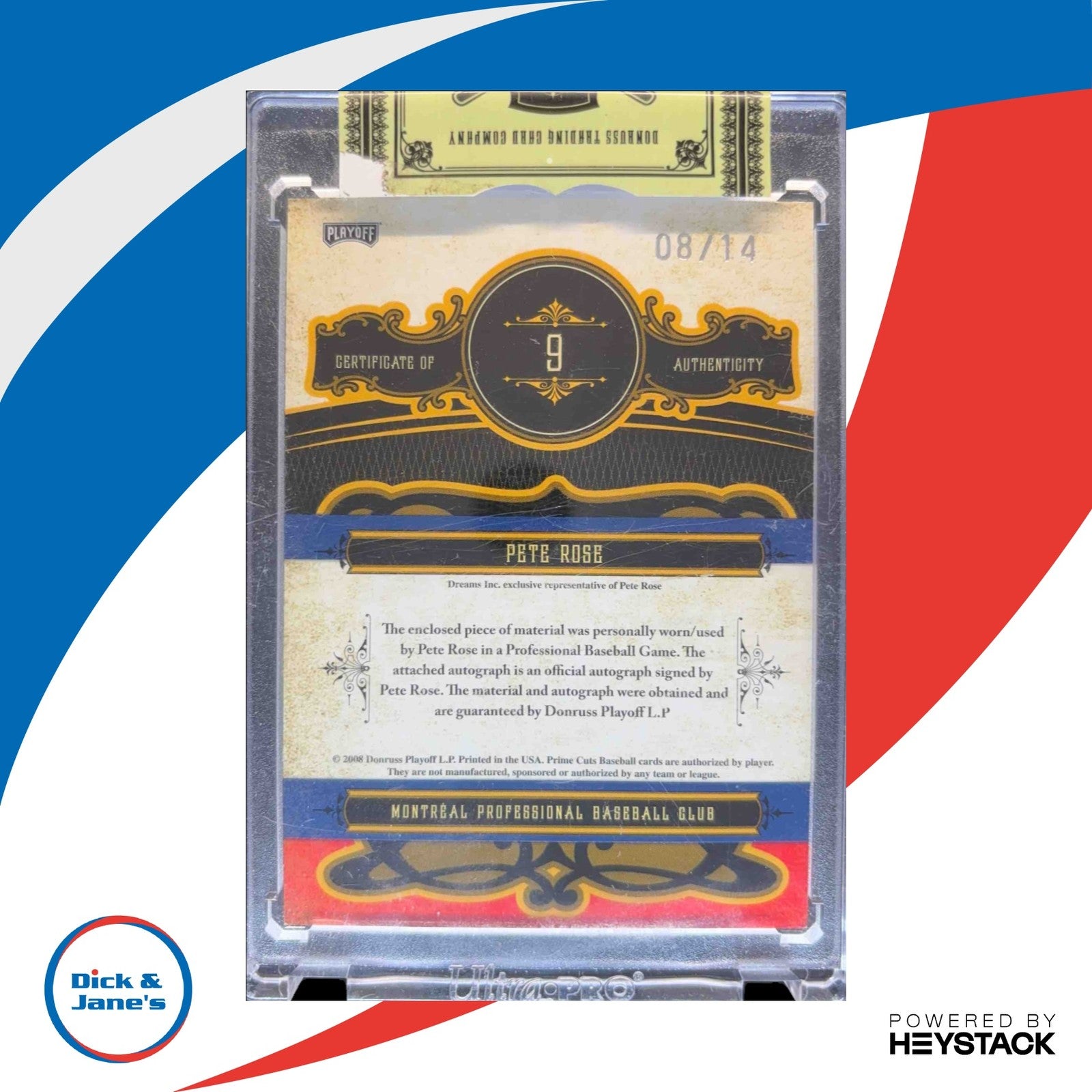 2008 Playoff Prime Cuts Pete Rose Signature Colossal Jersey Number /14 JSY Auto