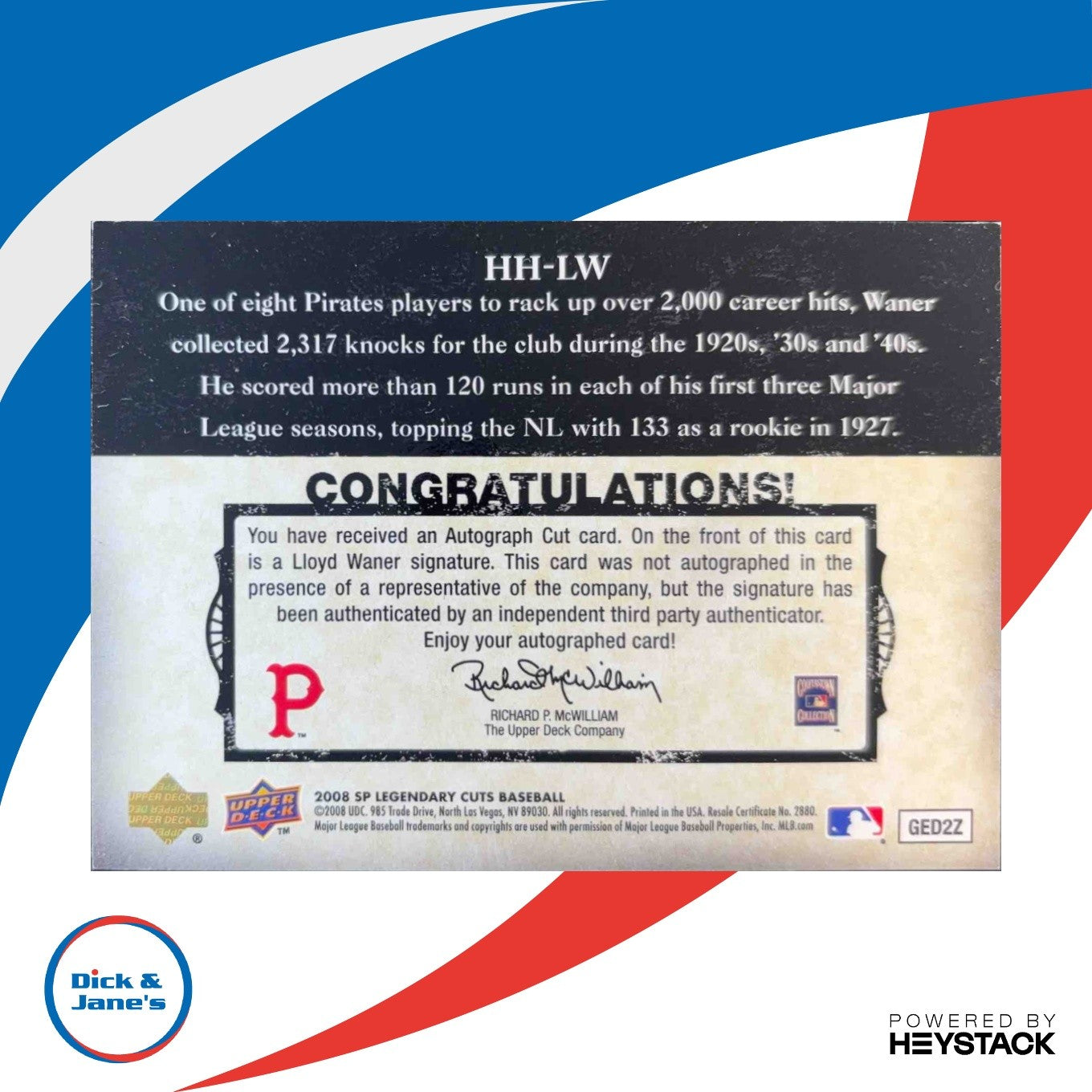 2008 SP Legendary Cuts Lloyd Waner Headliners and Heroes Cut Signatures 54/60