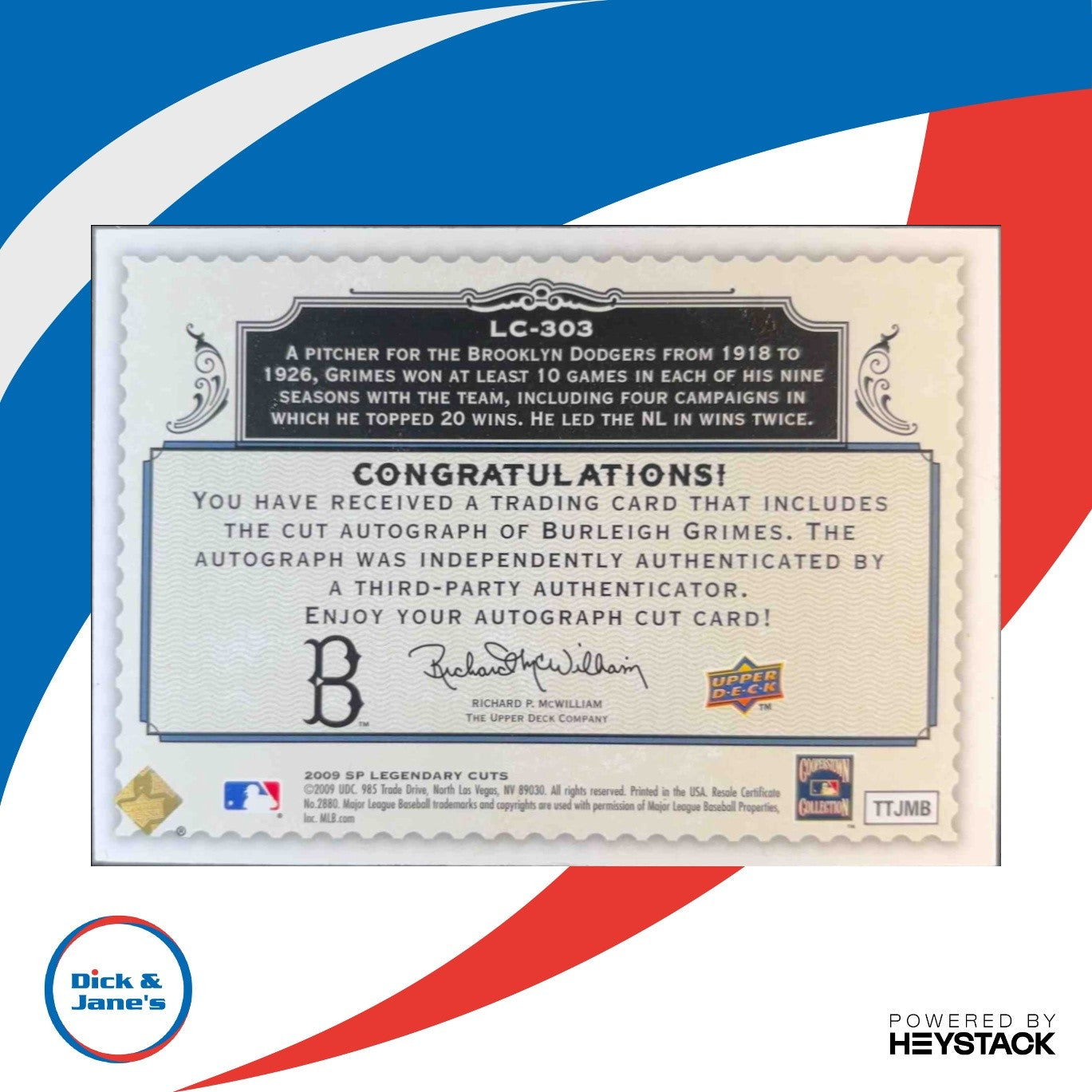 2009 SP Legendary Cuts Burleigh Grimes Cut Signatures 02/12 LC-303 Auto Brooklyn