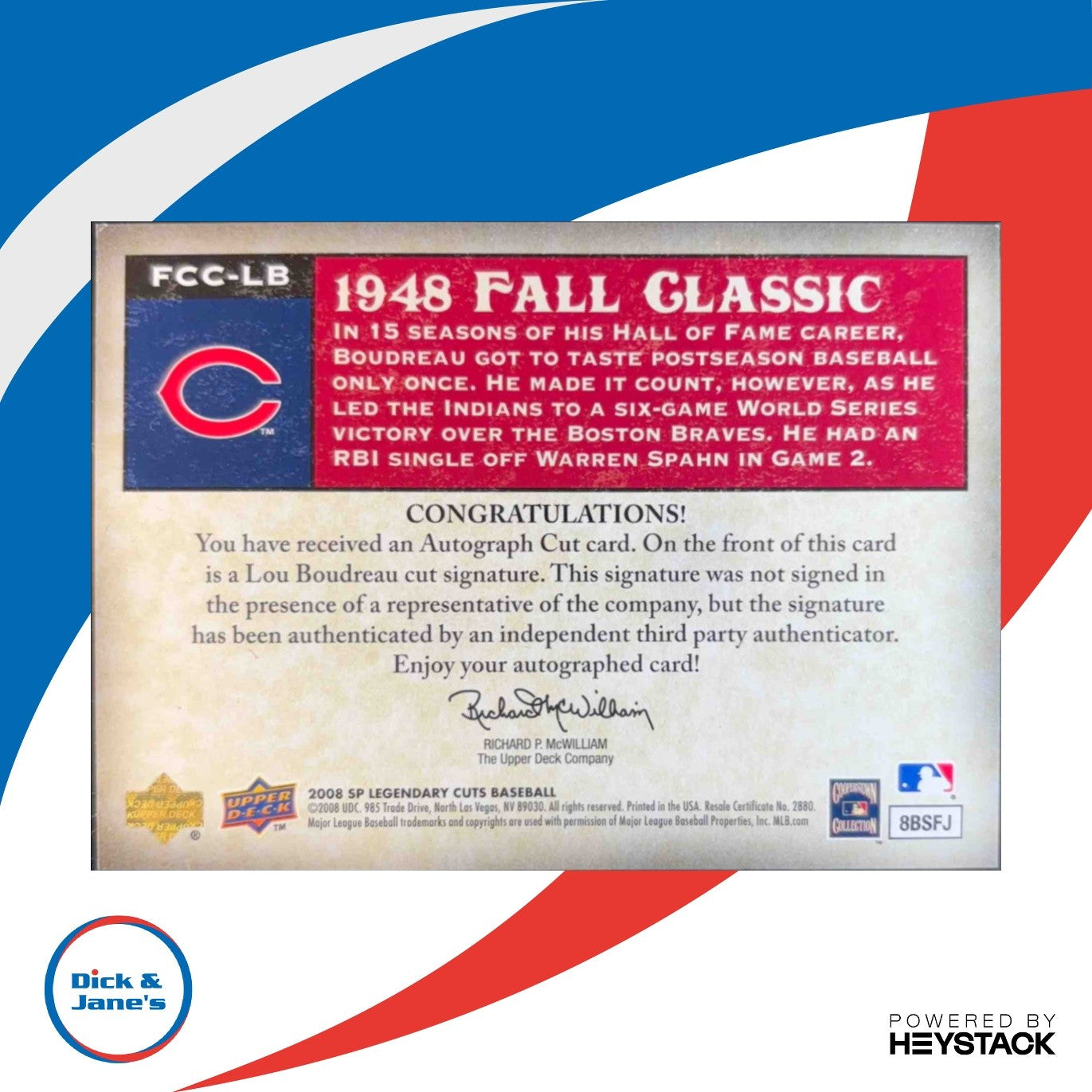 2008 SP Legendary Cuts Lou Boudreau Fall Classic Cut Signatures /15 #FCC-LB Auto