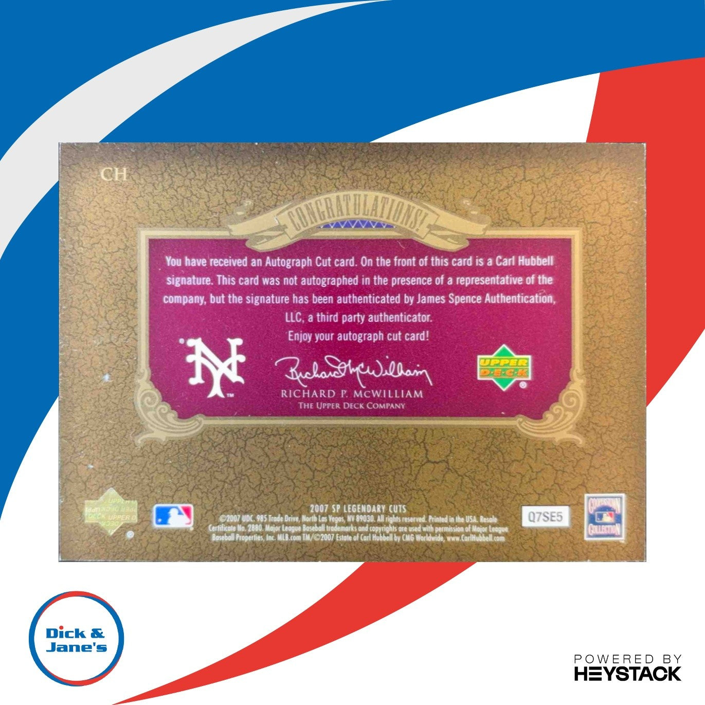 2007 SP Legendary Cuts Carl Hubbell Cut Signatures 09/59 Auto New York Giants