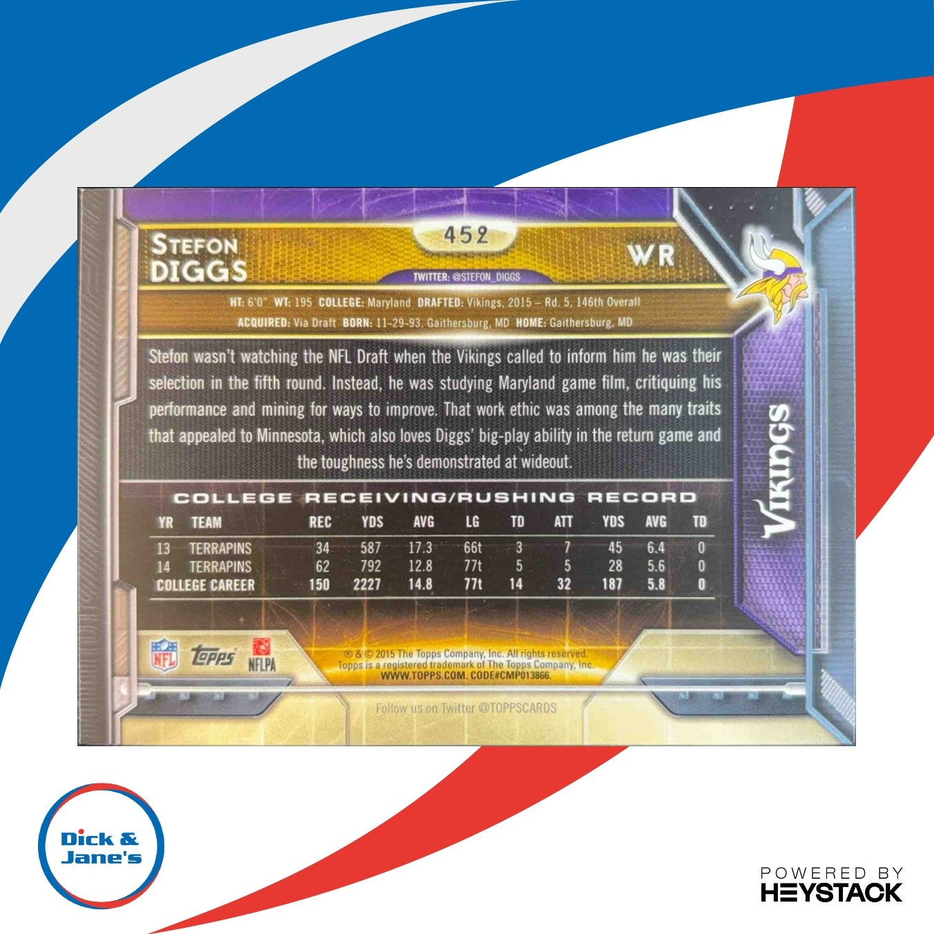 2015 Topps #452 Stefon Diggs RC Minnesota Vikings Rookie Card