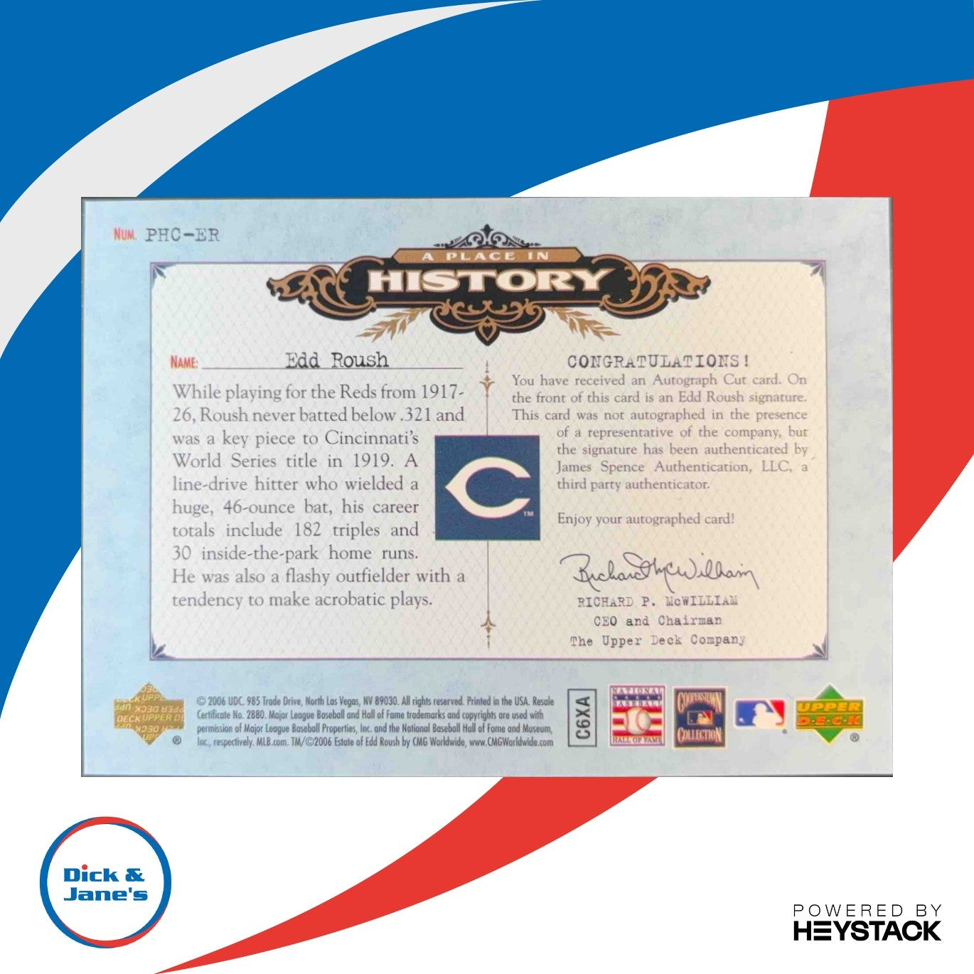 2006 SP Legendary Cuts Edd Roush A Place in History 20/98 Auto Cincinnati Reds