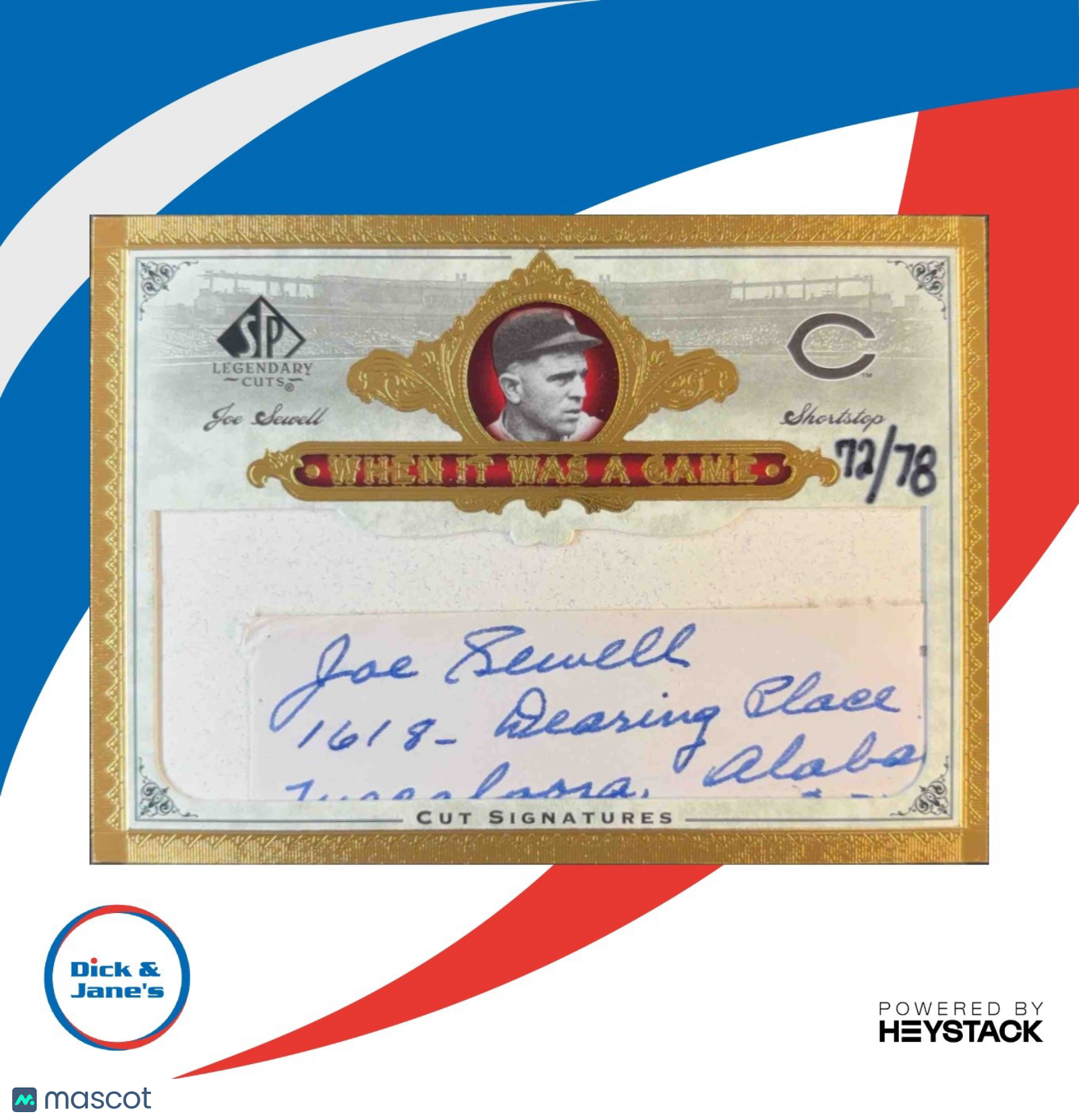 2006 SP Legendary Cuts Joe Sewell When It Was A Game 72/78 Auto Cleveland Yanks