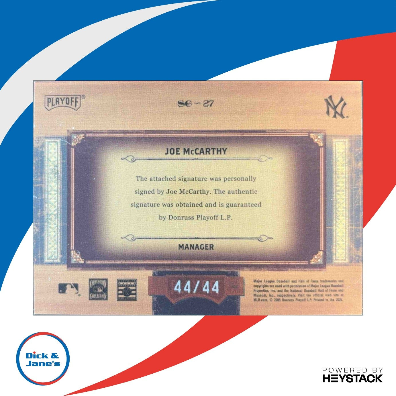 2005 Playoff Prime Cuts Joe McCarthy Souvenir 44/44 #SC-27 Auto New York Yankees