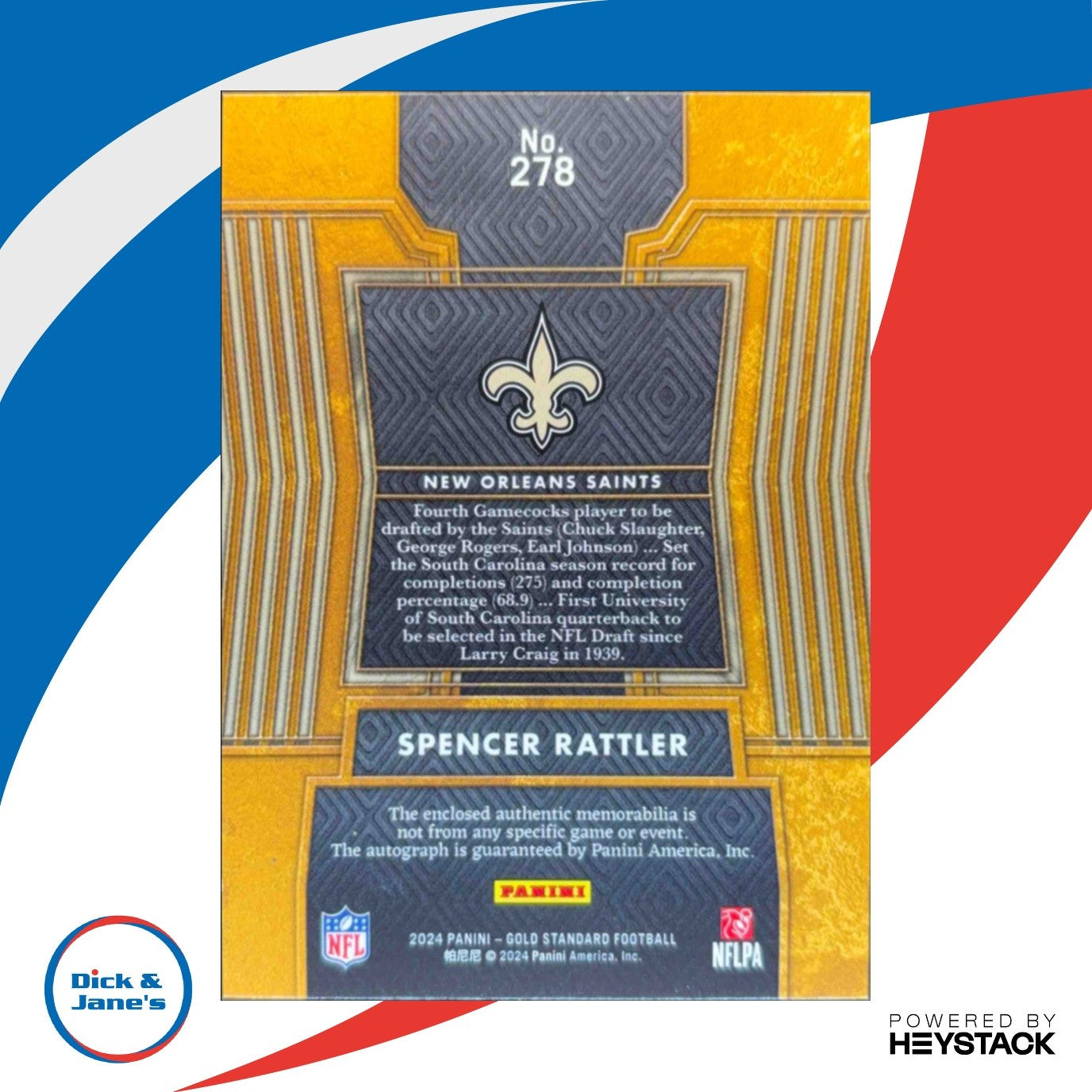2024 Panini Gold Standard Spencer Rattler 88/149 #278 Memorabilia RC Auto Saints