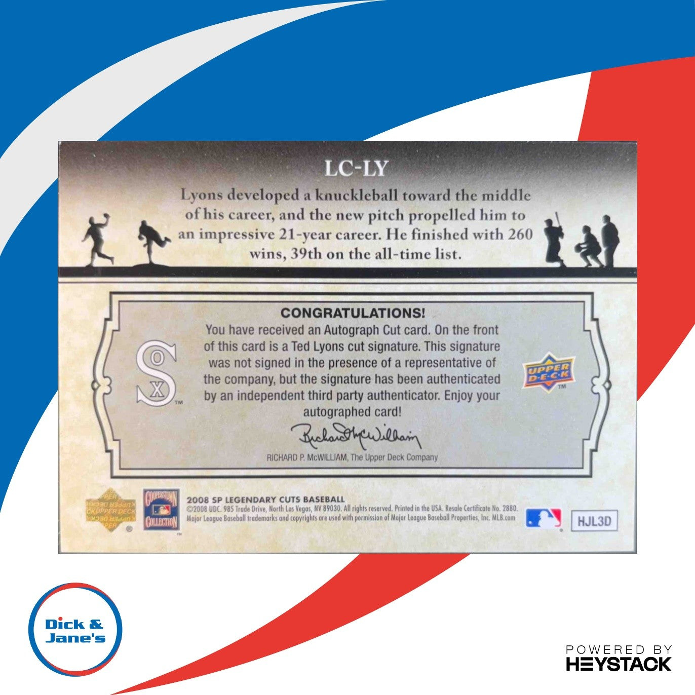 2008 SP Legendary Cuts Ted Lyons Cut Signatures /52 #LC-TL Auto New York Yankees