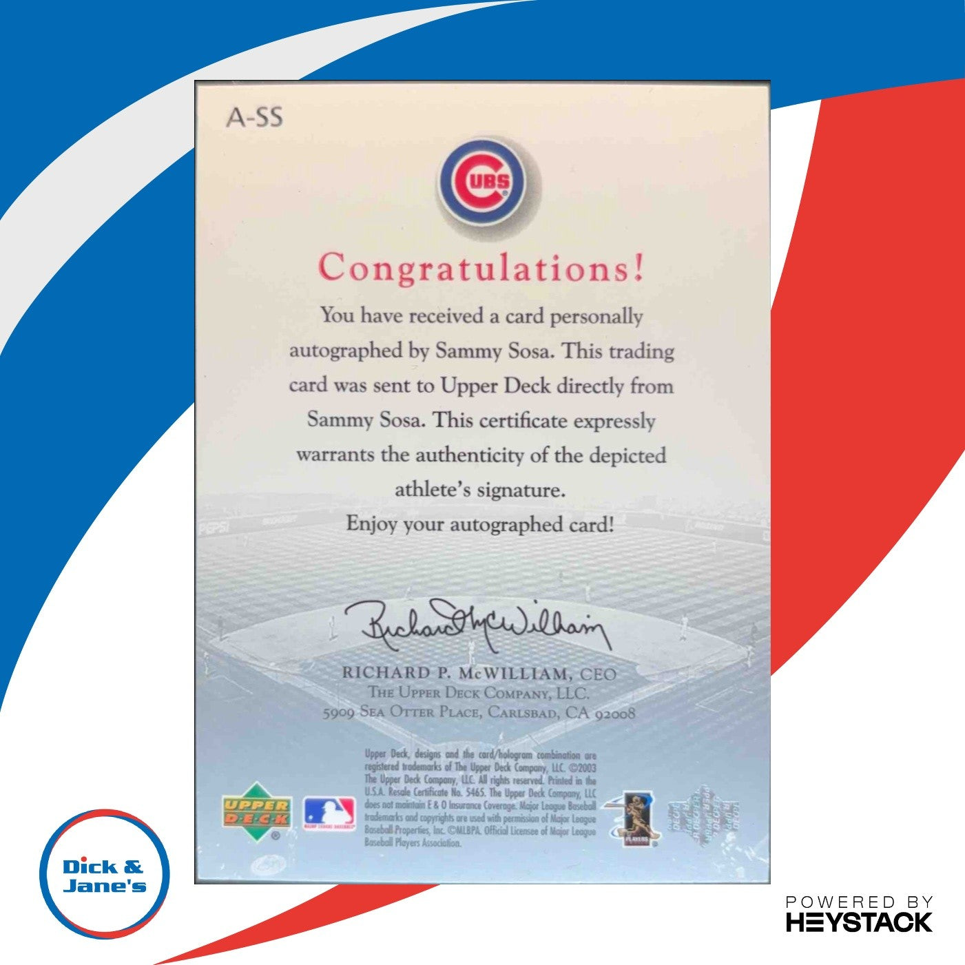 2003 Upper Deck Game Face Sammy Sosa Autographed #SS Chicago Cubs