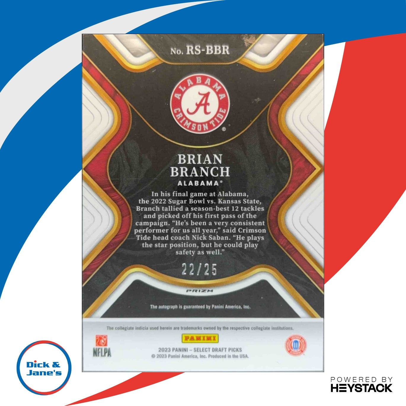 2023 Select Draft Brian Branch Rookie SIgnatures White Lazer Prizm 22/25 Auto