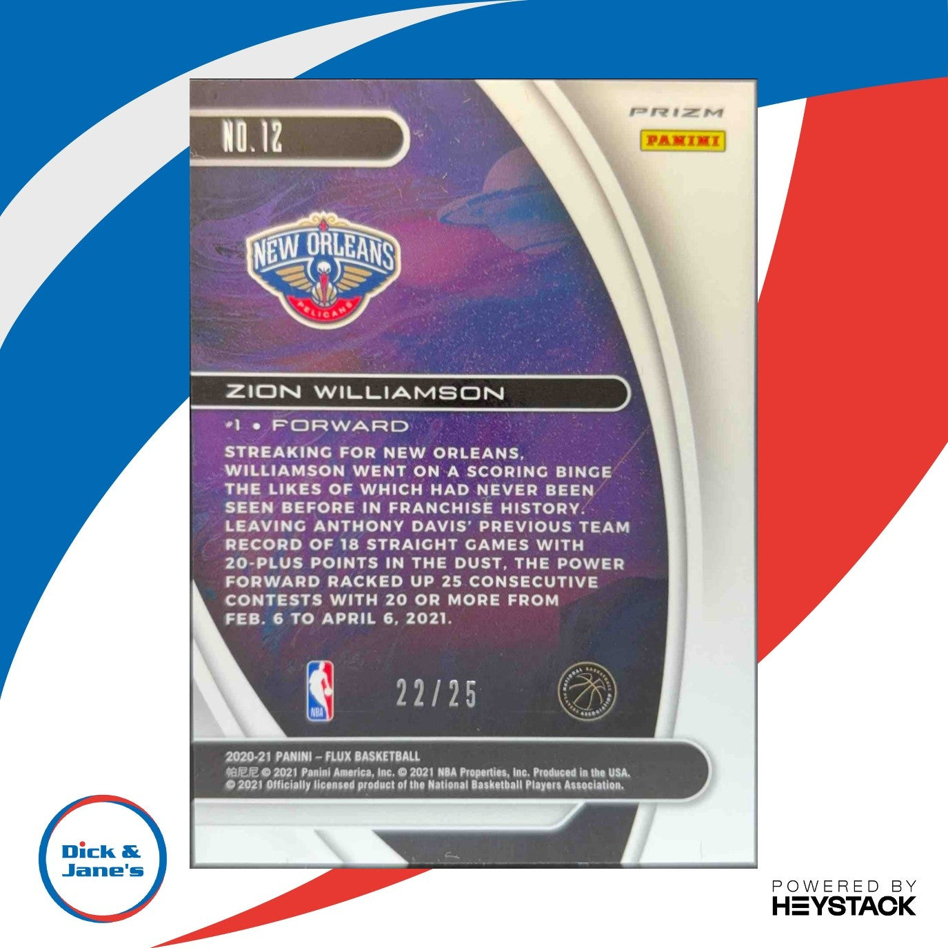 2020-21 Panini Flux Zion Williamson Titan Veterans Purple /25 #12 New Orleans