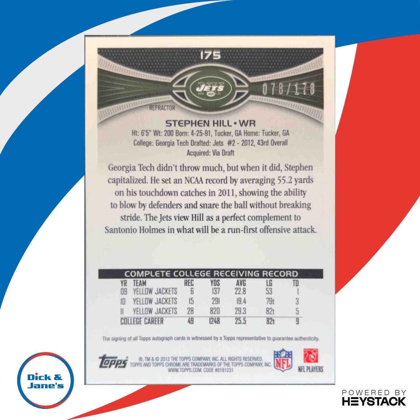 2012 Topps Chrome Stephen Hill Rookie Auto Refractor /178 #175 RC New York Jets