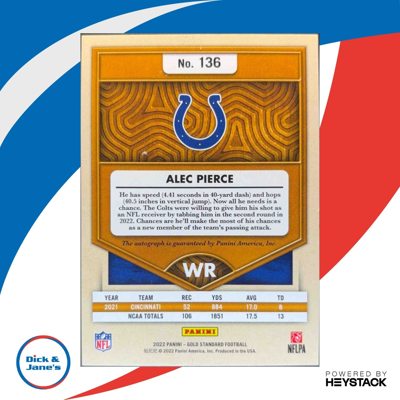 2022 Panini Gold Standard Alec Pierce Rookies Auto 67/199 #136 Auto RC Colts