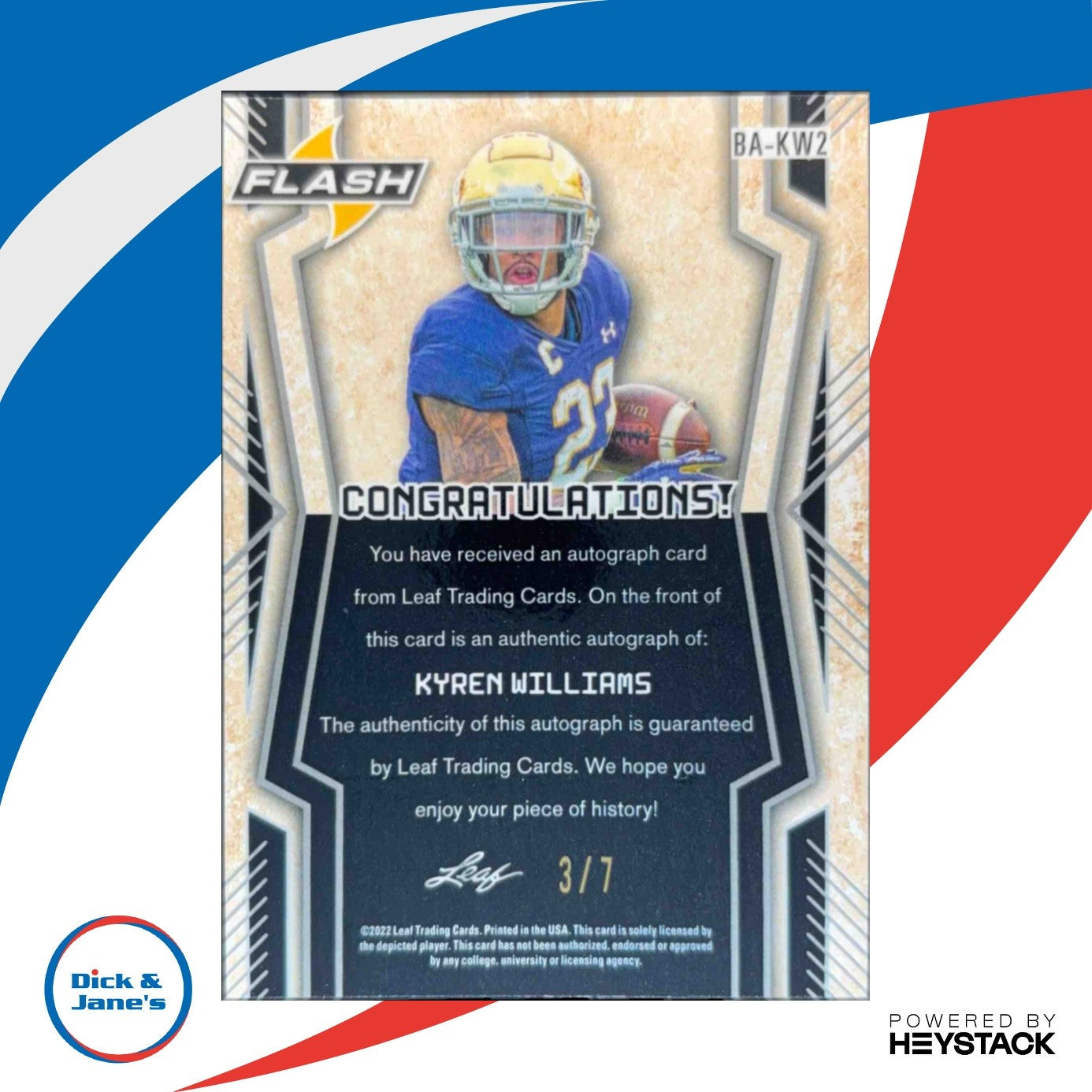 2022 Leaf Ultimate Draft Kyren Williams Flash Silver Spectrum /7 Auto Notre Dame