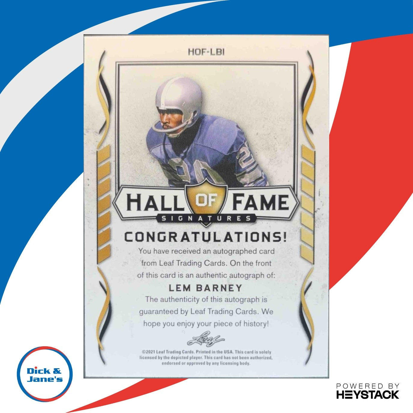 2021 Leaf Signature Hall of Fame Lem Barney #HOF-LB1 Auto Detroit Lions