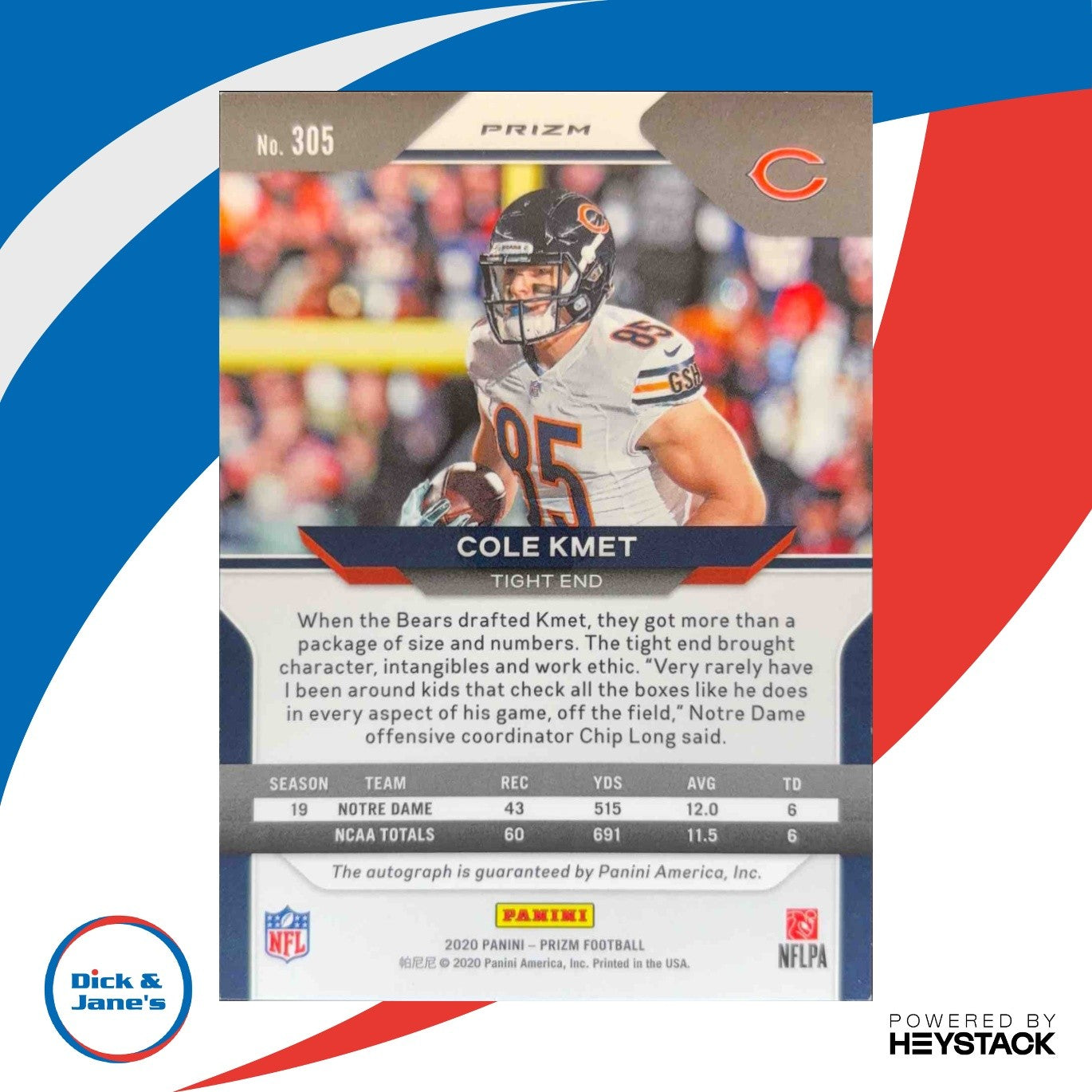 2020 Panini Prizm Cole Kmet Rookie Auto Neon Green Pulsar #305 RC Chicago Bears