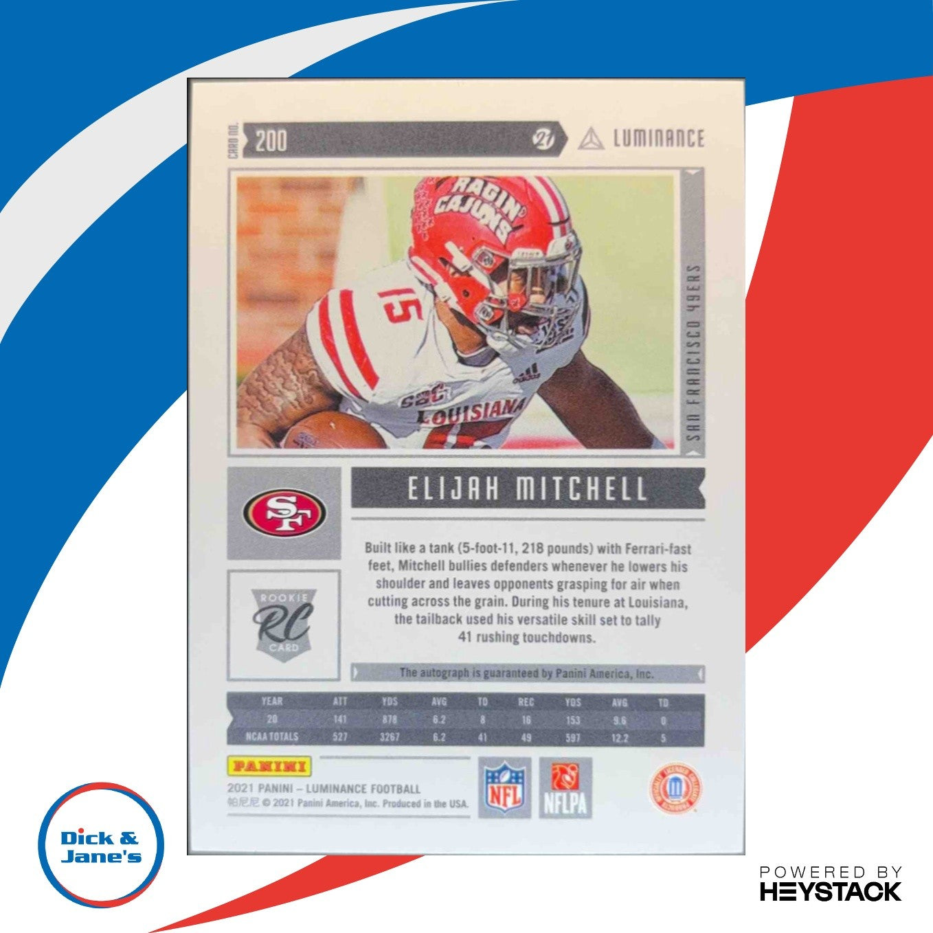 2021 Panini Luminance Elijah Mitchell Auto 194/349 #200 RC San Francisco 49ers