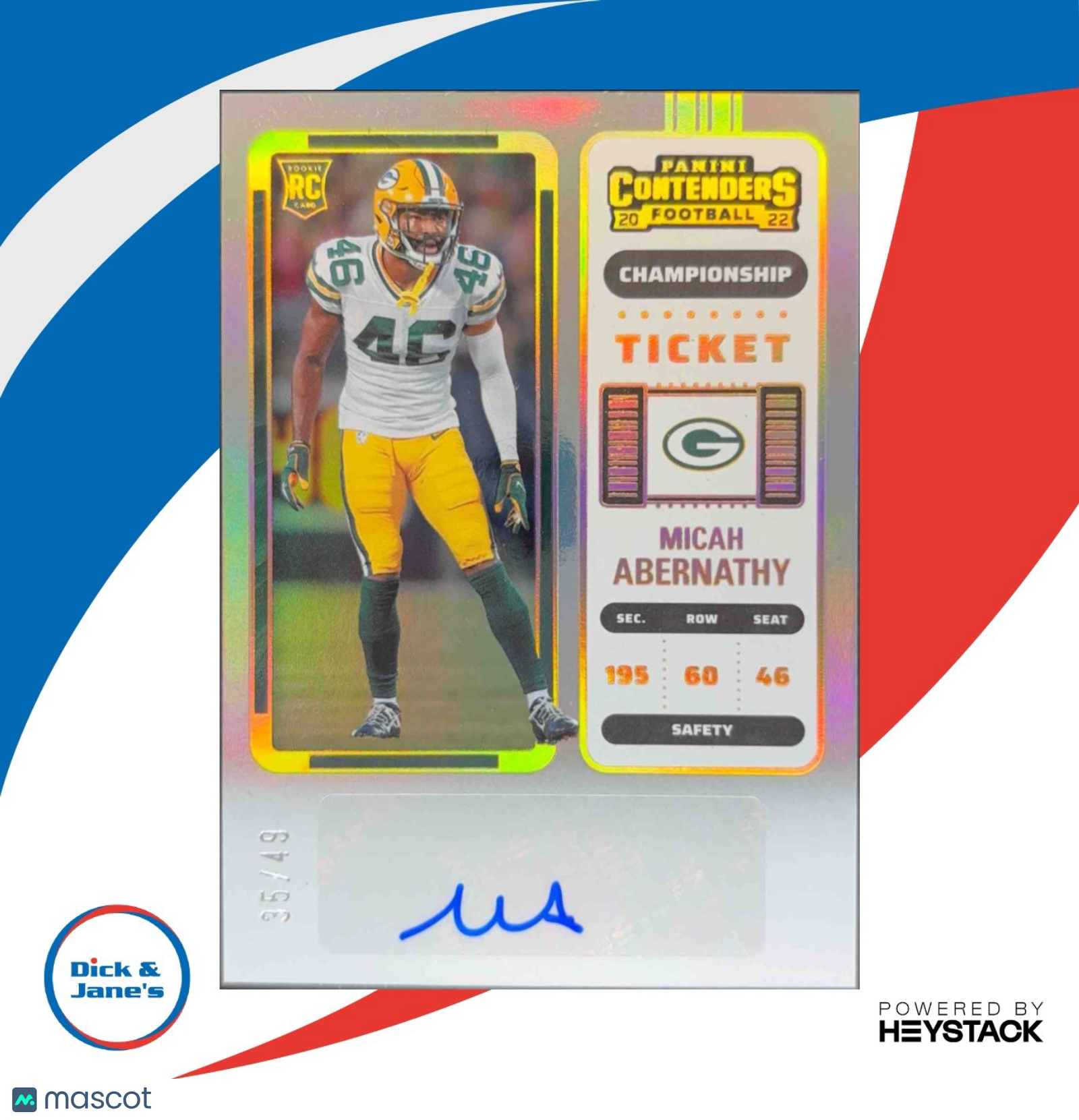 2022 Panini Contenders Micah Abernathy Championship Ticket 35/49 Rookie Auto