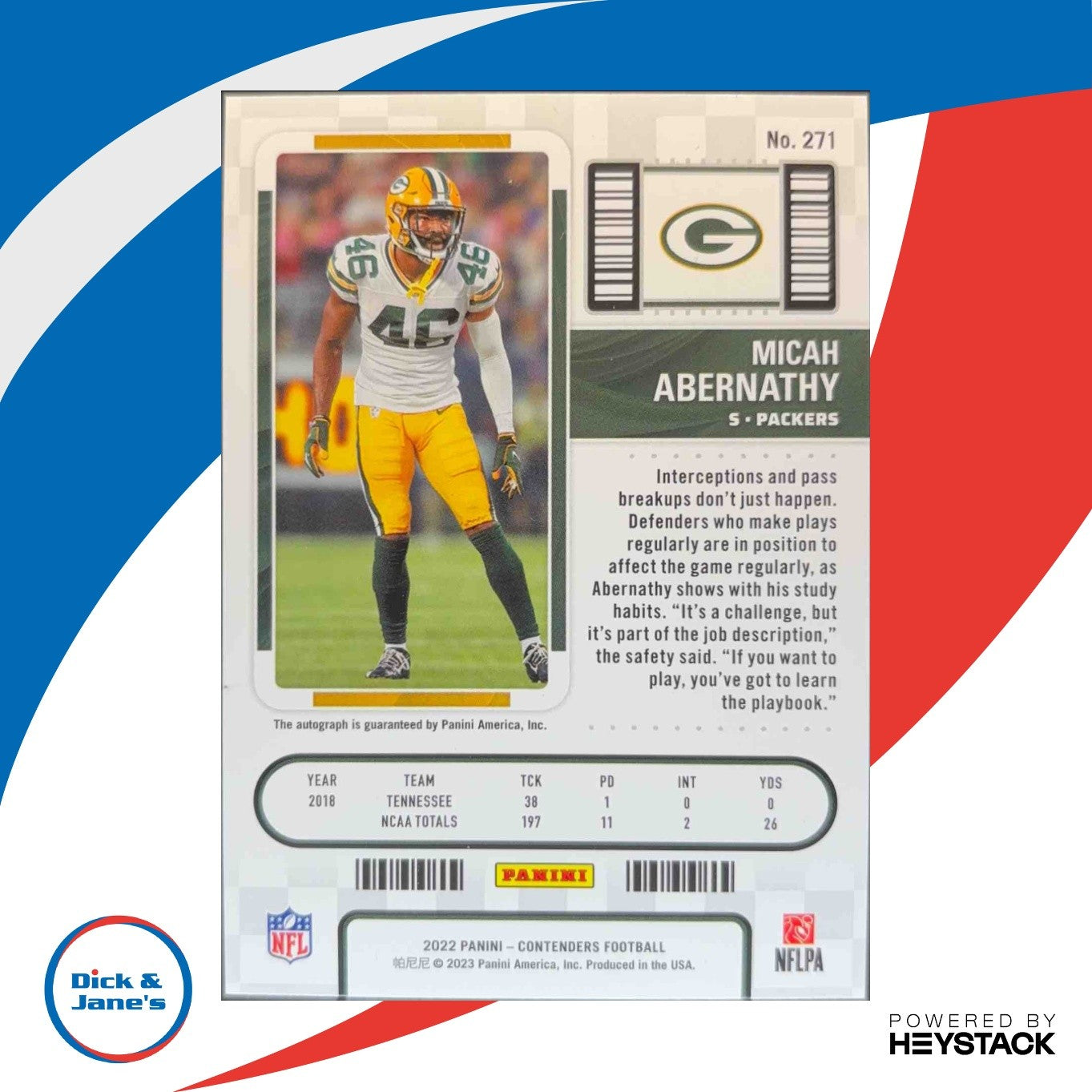 2022 Panini Contenders Micah Abernathy Championship Ticket 35/49 Rookie Auto