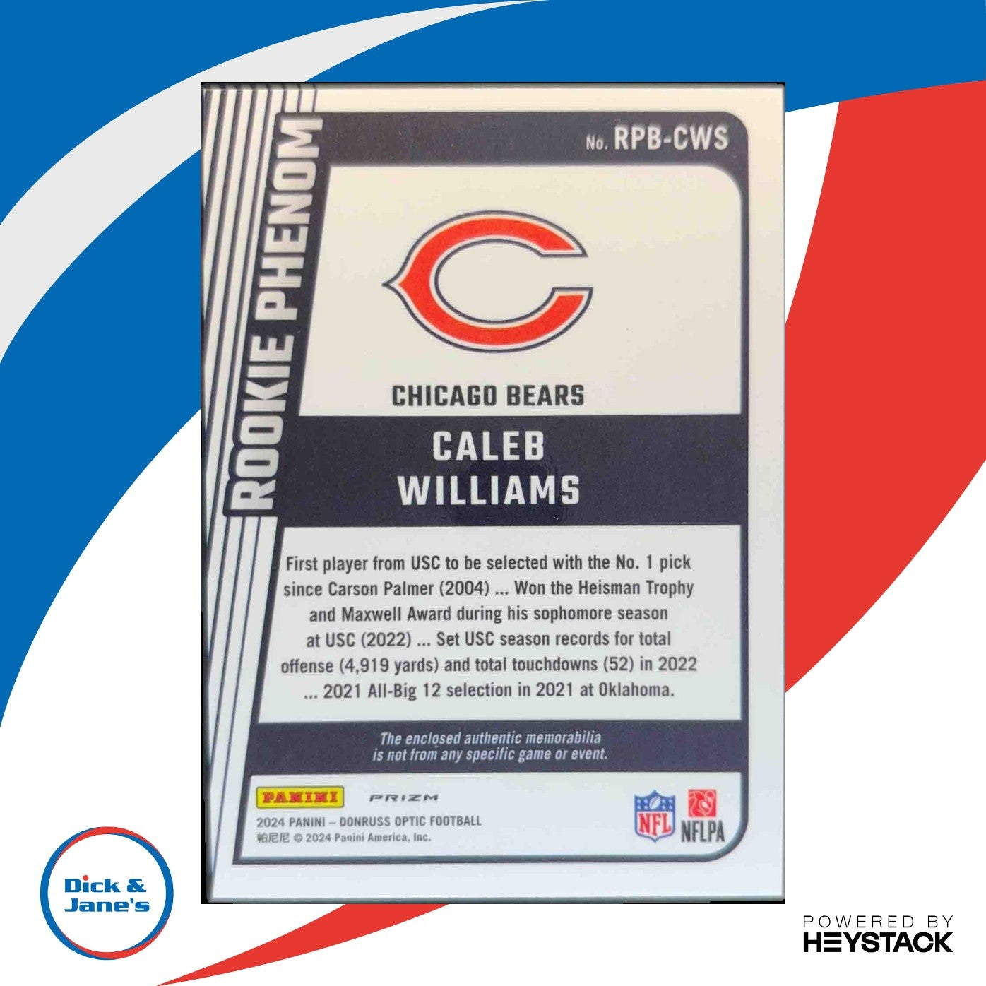 2024 Panini Donruss Optic Caleb Williams Rookie Phenoms Blue Hyper Memorabilia