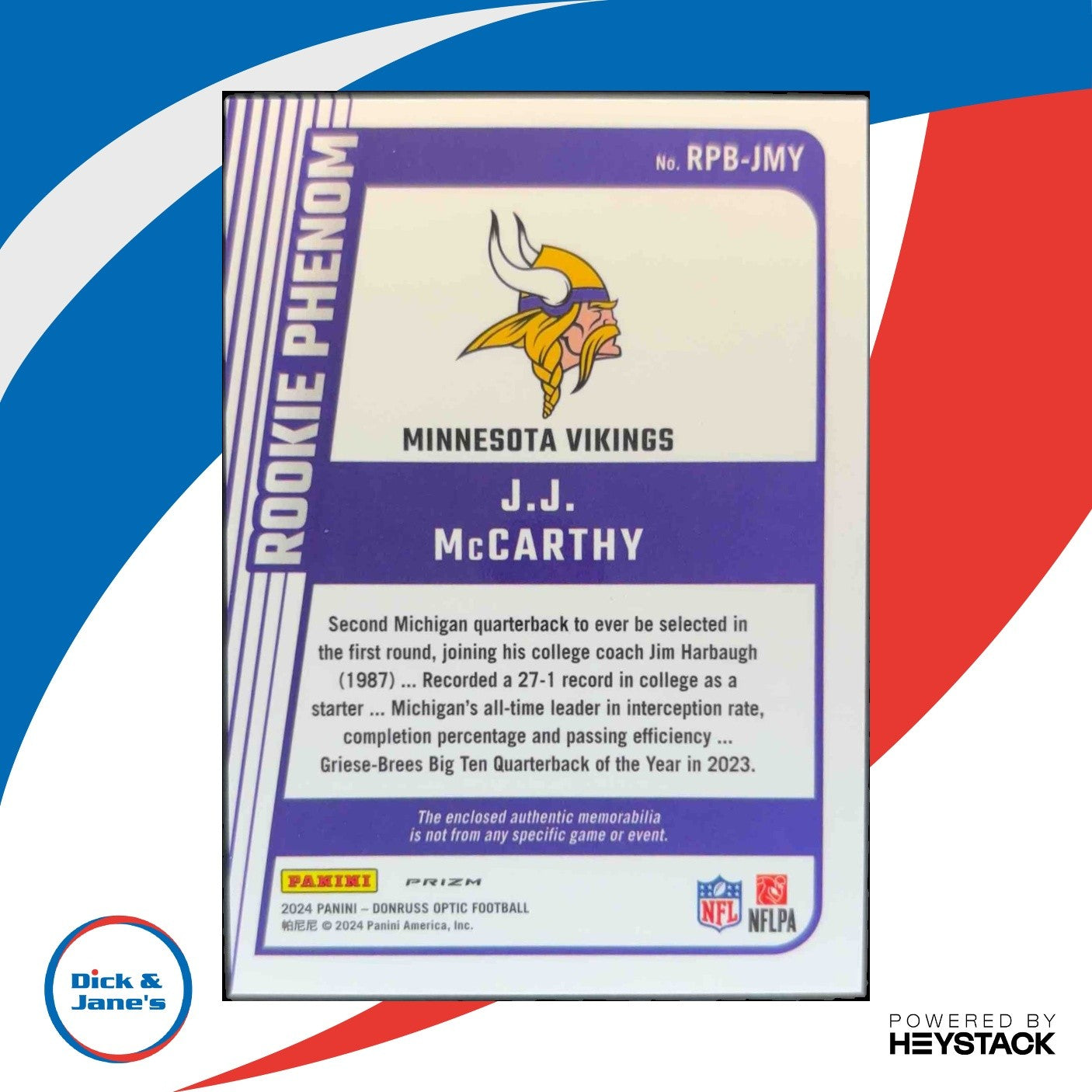 2024 Panini Donruss Optic J.J. McCarthy Rookie Phenoms Blue Hyper Memorabilia RC