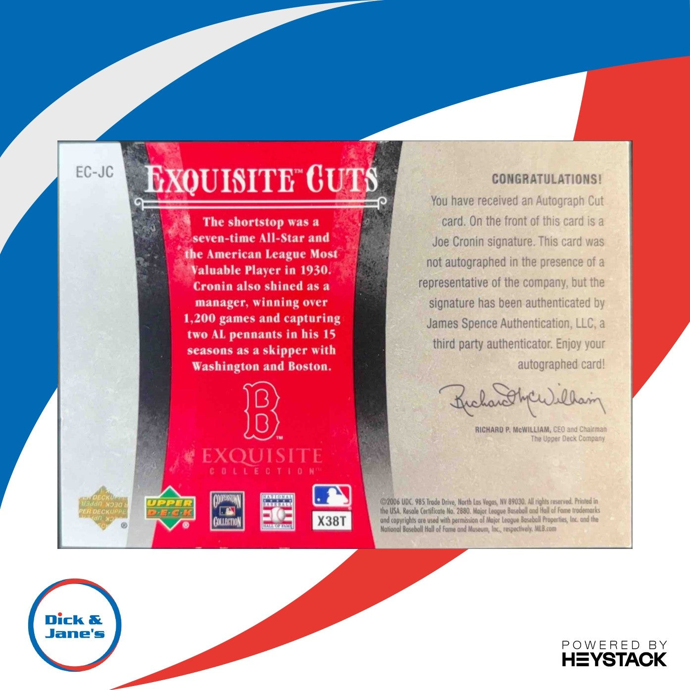 2006 Upper Deck Exquisite Collection Joe Cronin Cuts /65 Auto Boston Red Sox