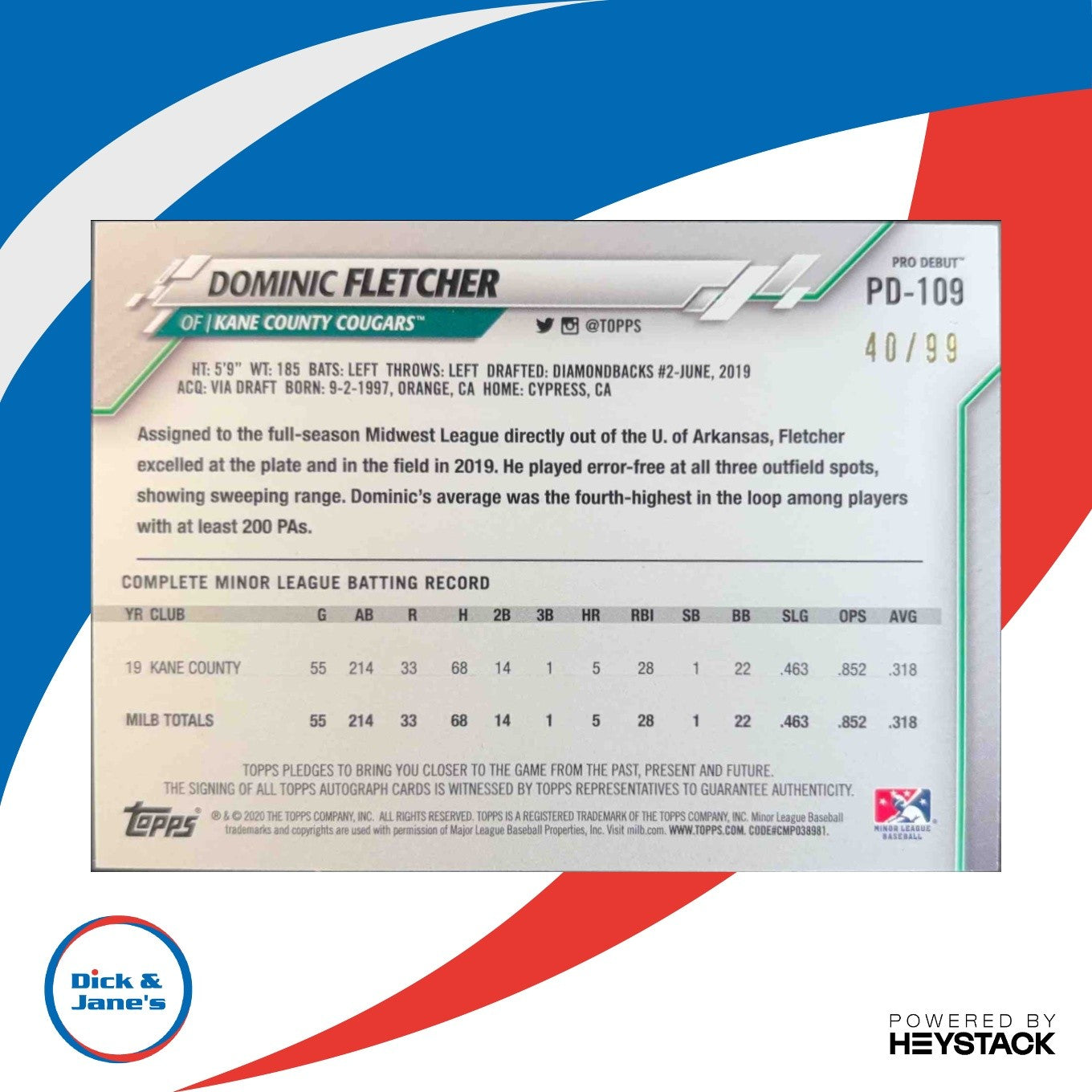 2020 Topps Pro Debut Dominic Fletcher Auto Green 49/99 #PD-109 Cougars