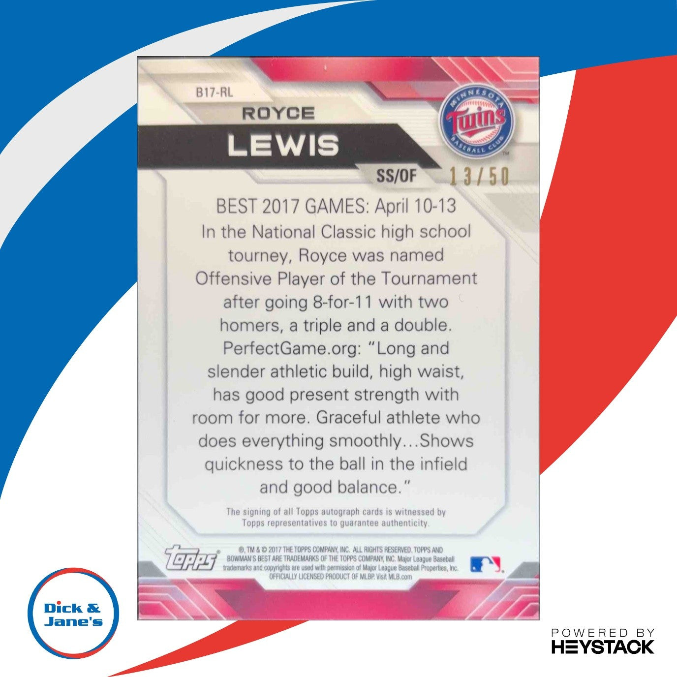 2017 Bowman Bowman's Best Royce Lewis Best of 2017 Auto Gold Refractor 13/50