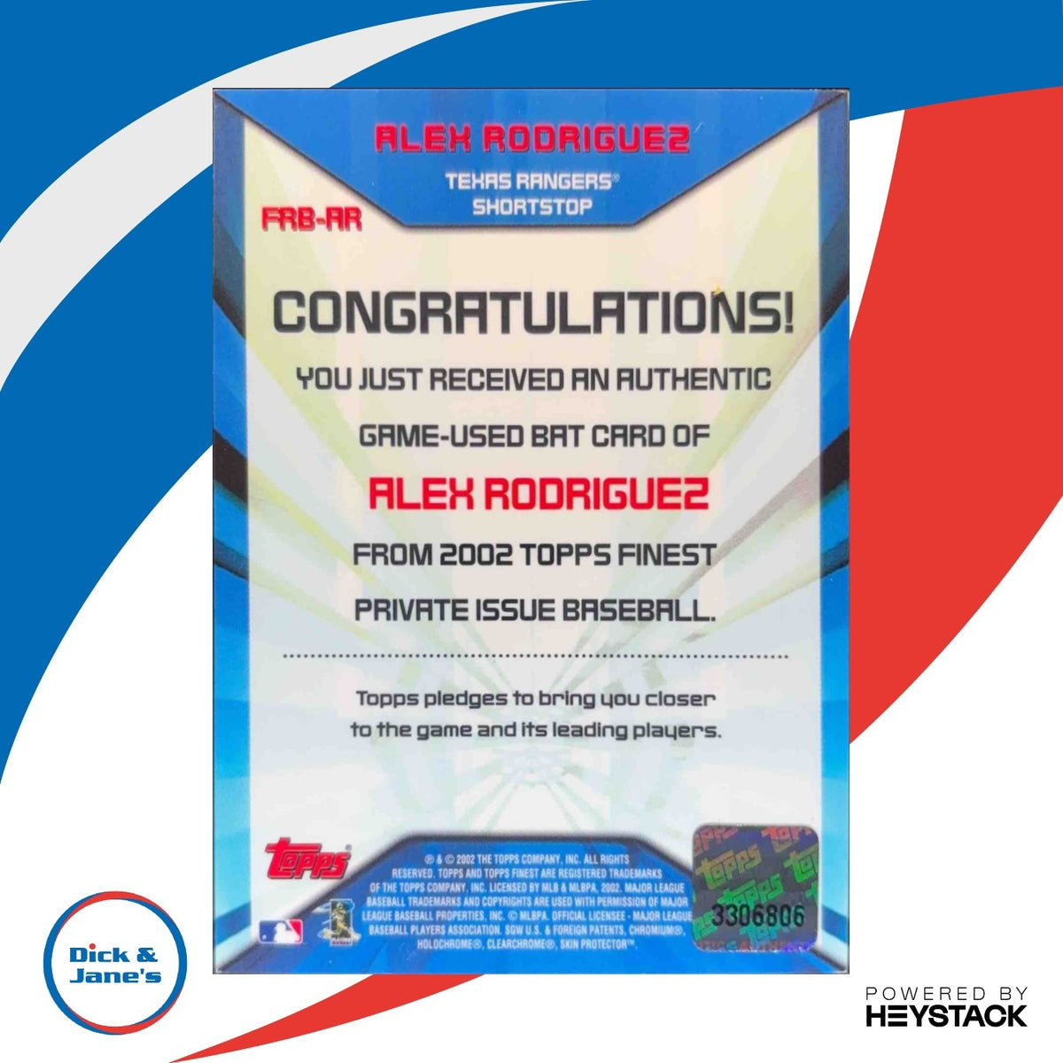 2002 Topps Finest Alex Rodriguez Bat Relics #FBRAR Memorabilia Texas Rangers