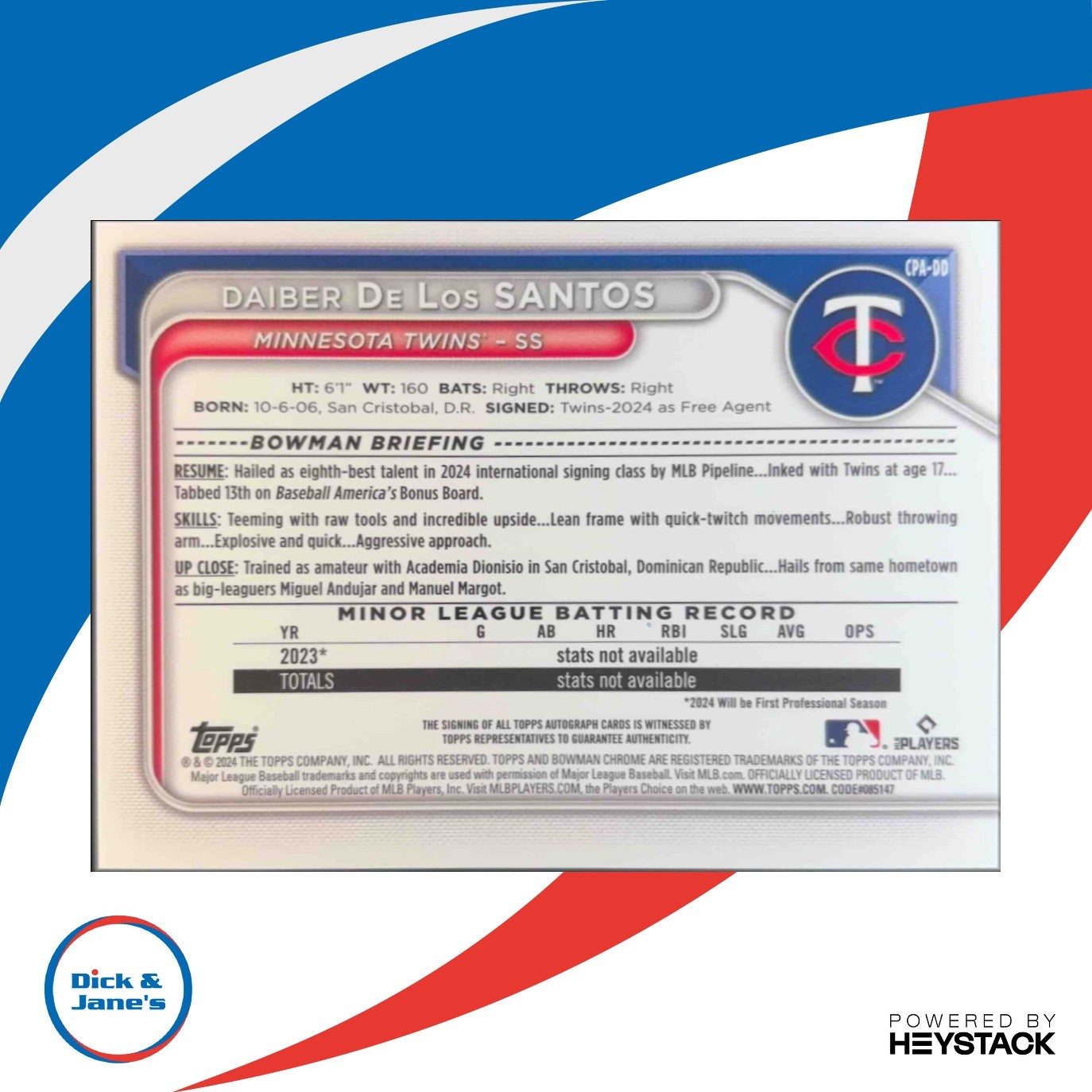 2024 Bowman Chrome Daiber De Los Santos Auto CPA-DD 1st Prospect Minnesota Twins