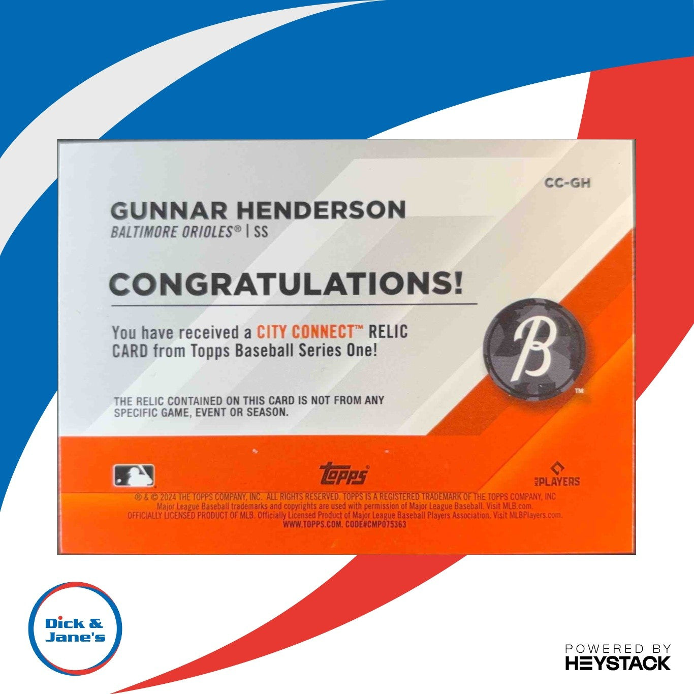 2024 Topps Gunnar Henderson City Connect Swatch Relic Black 71/199 MEM Baltimore