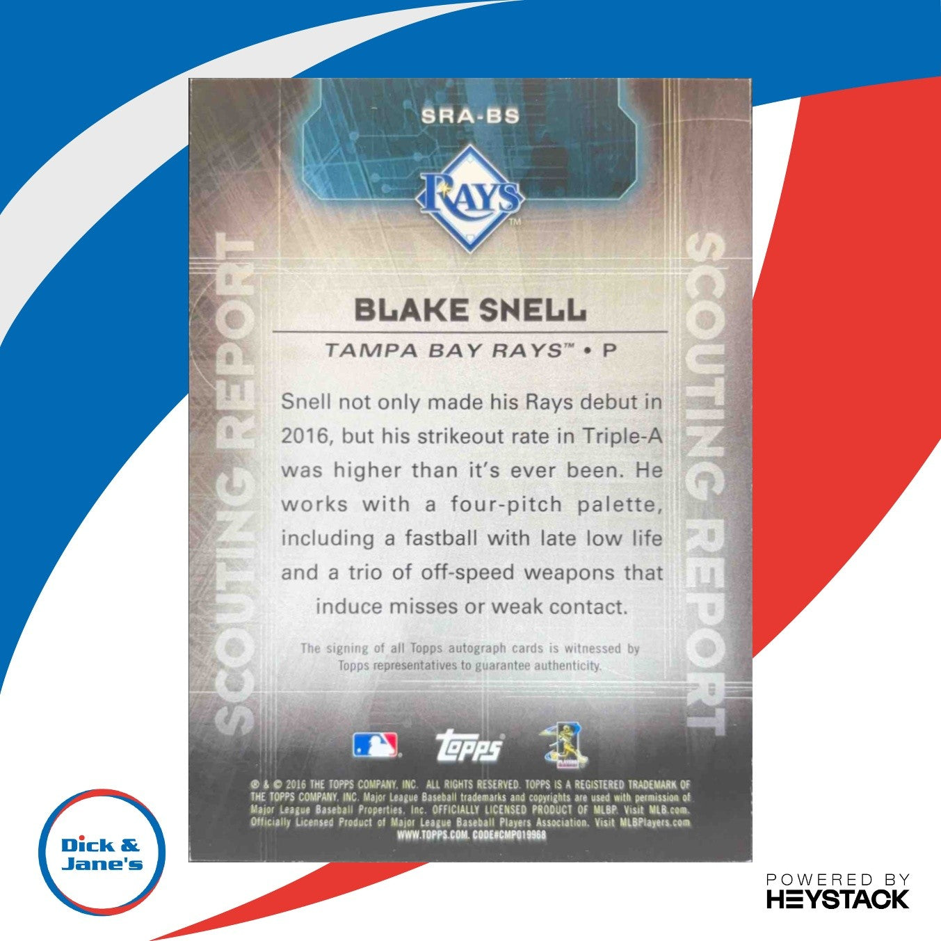 2016 Topps Update Blake Snell Scouting Report Auto #SRA-BS RC Tampa Bay Rays