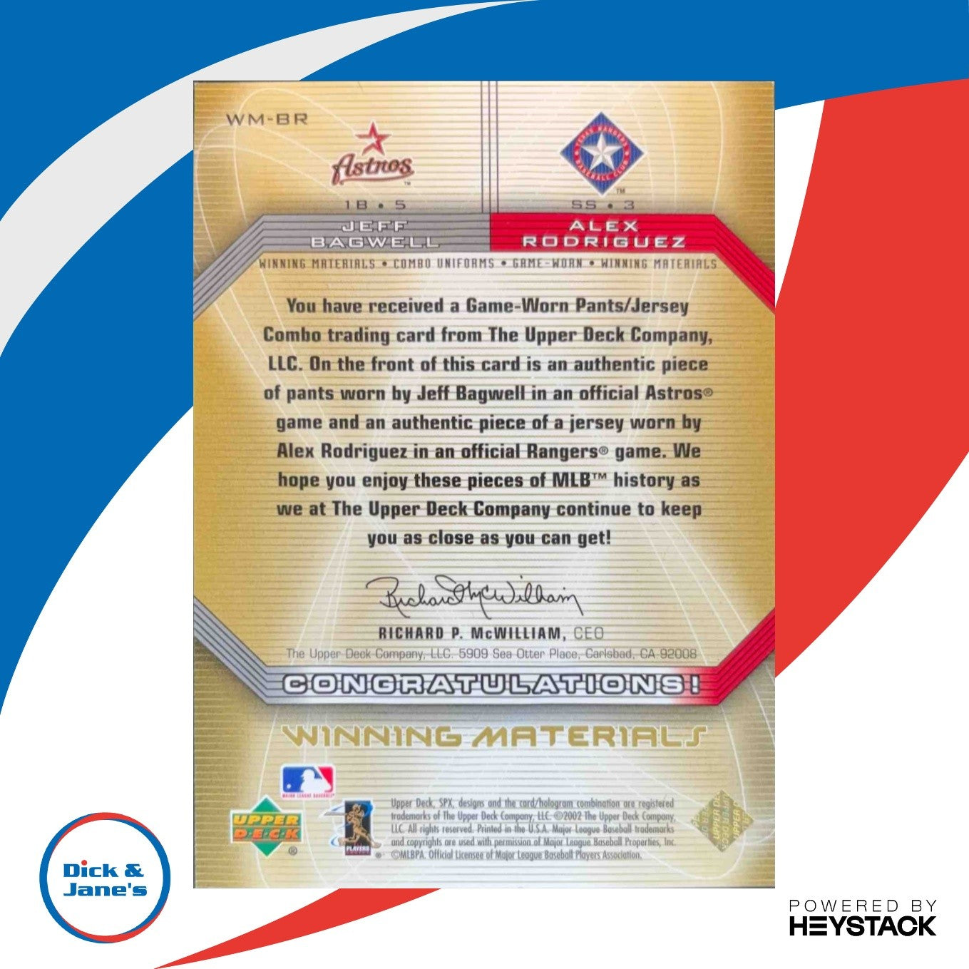 2002 SPx Winning Materials 2 Player Jersey Combos Jeff Bagwell Alex Rodriguez