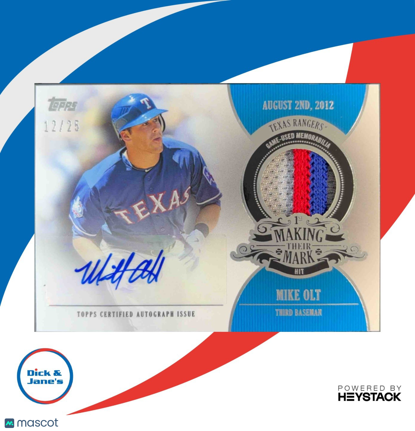 2013 Topps Mike Olt Making Their Mark Auto Relics 12/25 RC Texas Rangers Rookie