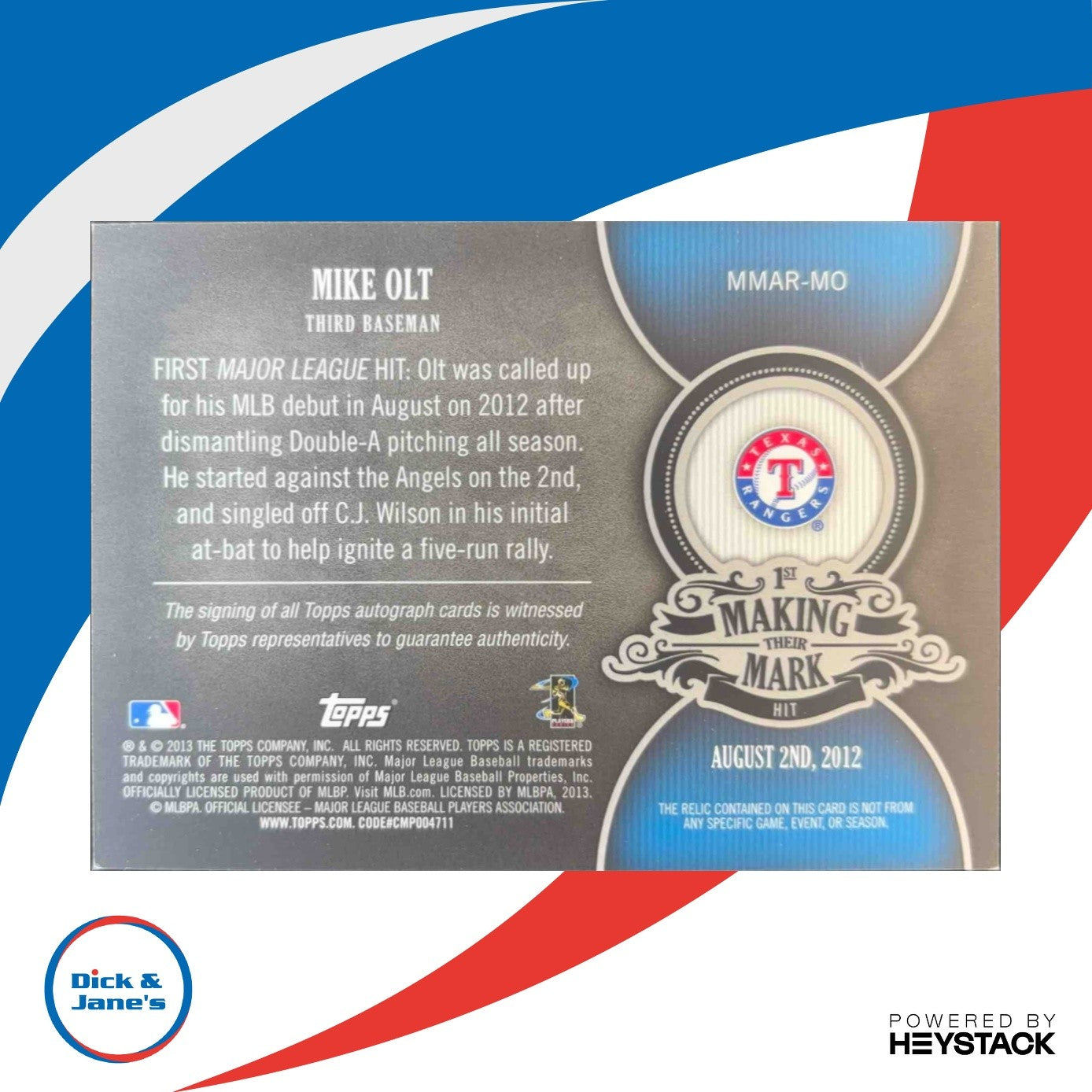 2013 Topps Mike Olt Making Their Mark Auto Relics 12/25 RC Texas Rangers Rookie