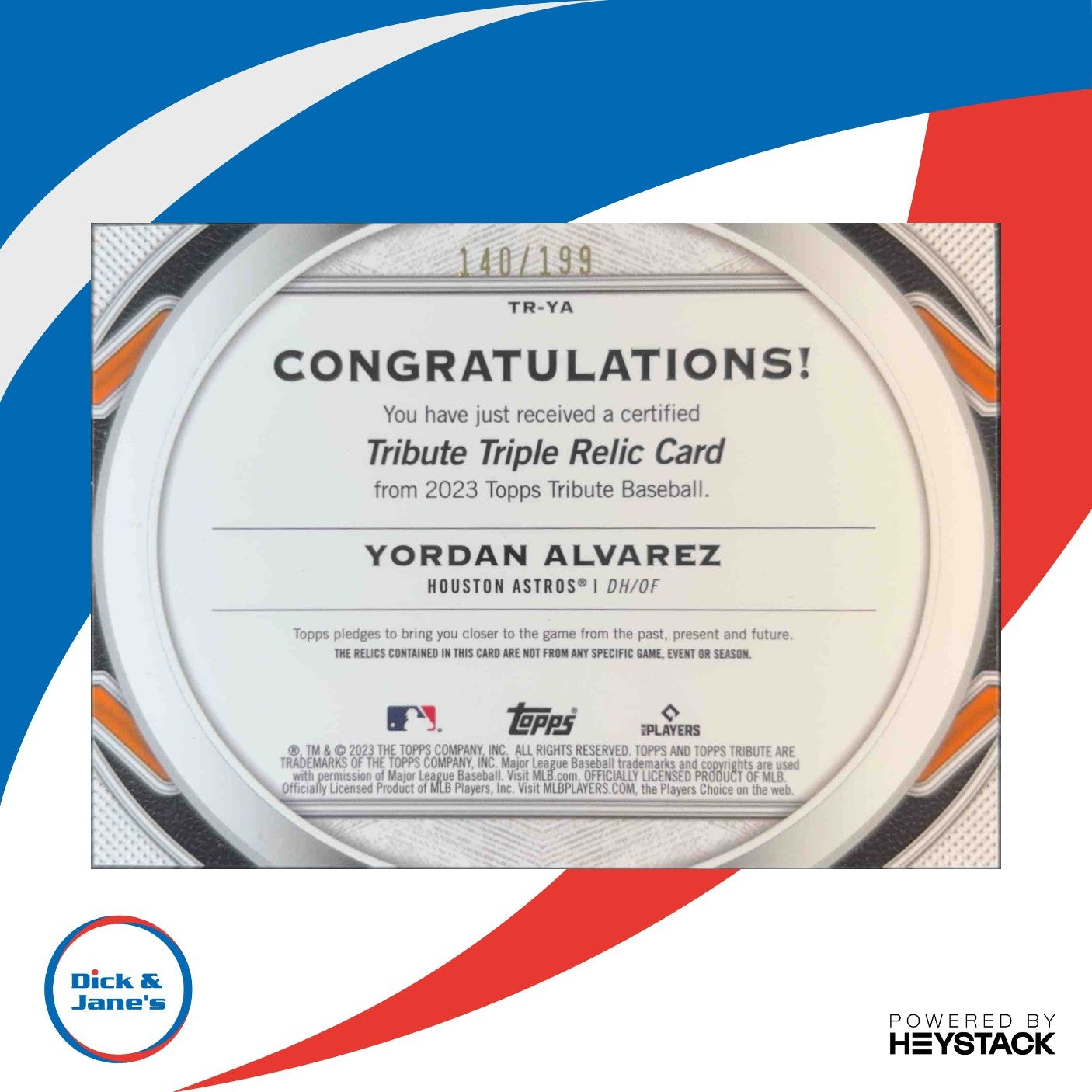 2023 Topps Tribute Yordan Alvarez Stamp of Approval Triple Relics 140/199 Astros