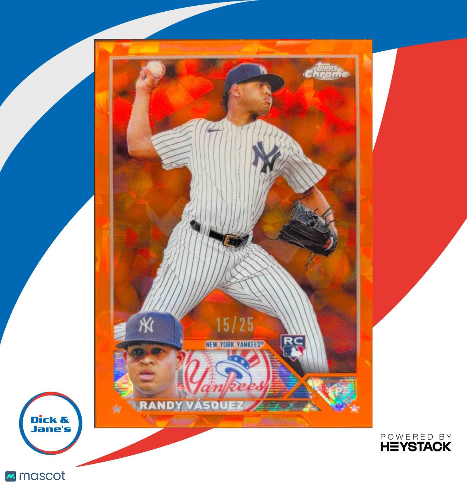 2023 Topps Chrome Update Sapphire Randy Vasquez Orange 15/25 RC New York Yankees