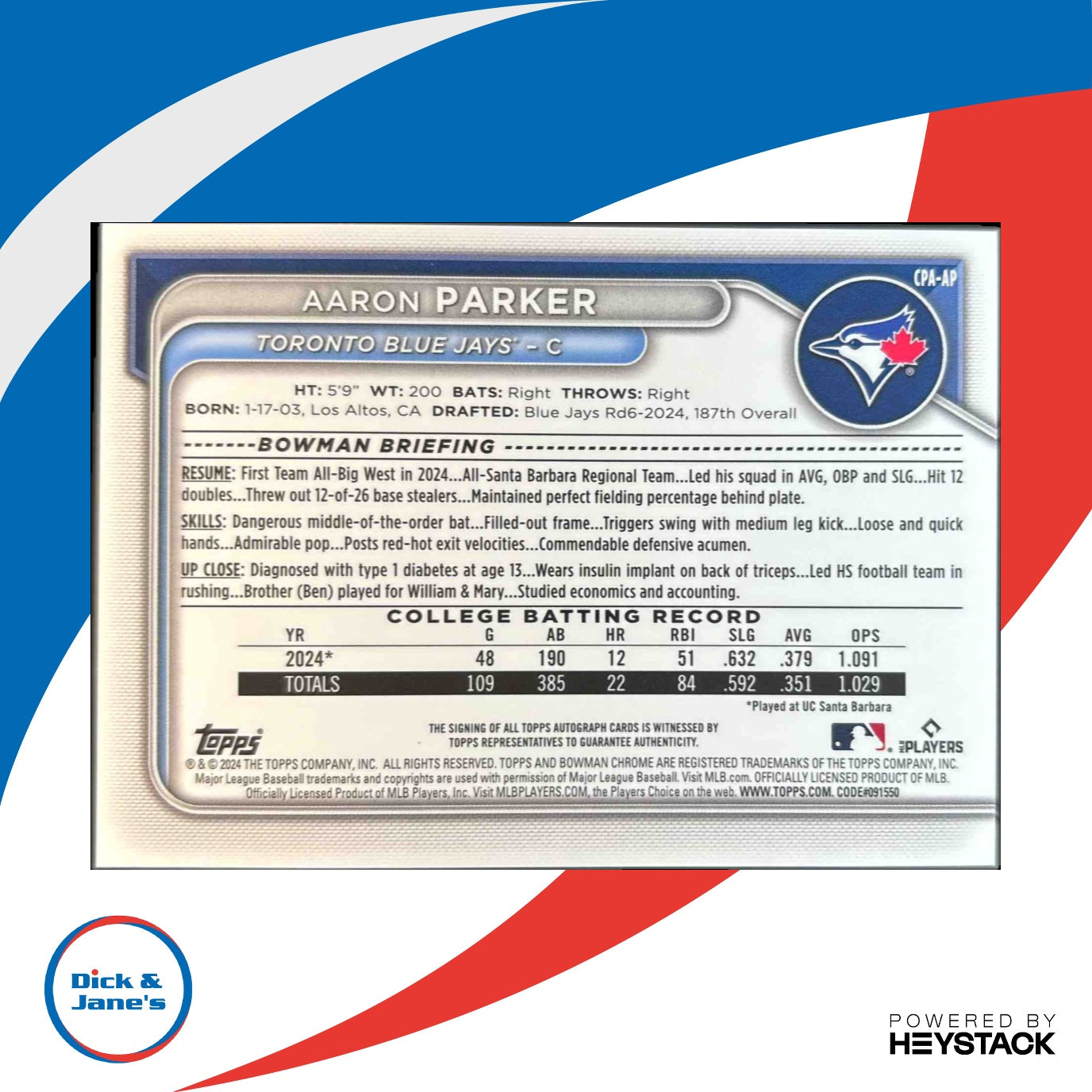 2024 Bowman Draft Aaron Parker Chrome Auto HTA Choice Refractor/150 1st Prospect