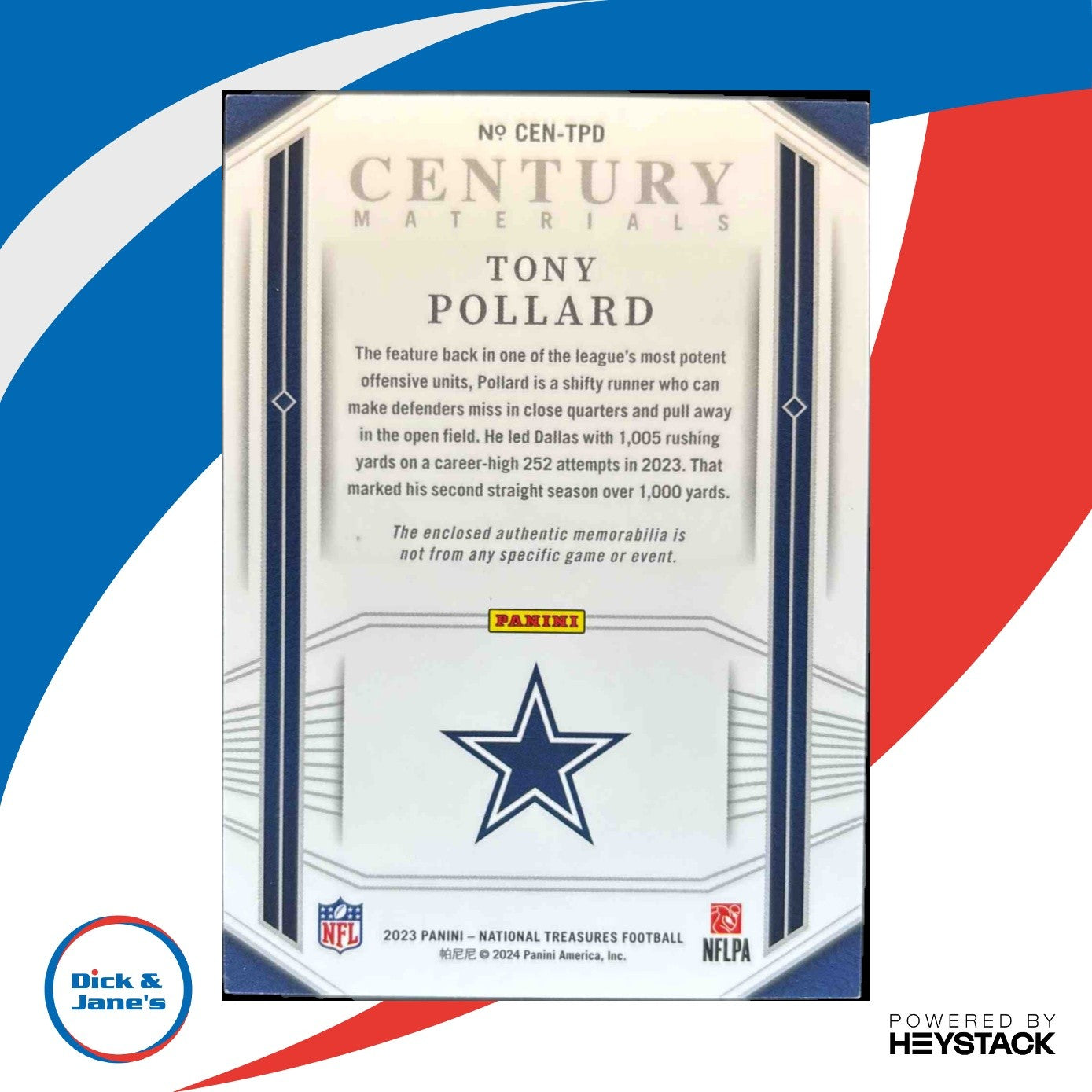 2023 National Treasures Tony Pollard Century Materials Gold /49 Dallas Cowboys