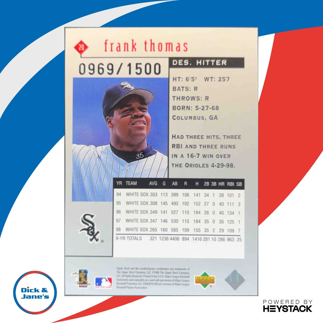 1999 Upper Deck Black Diamond Frank Thomas Triple /1500 #20 Chicago White Sox