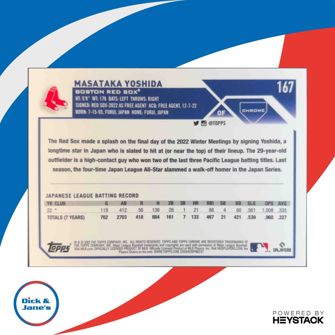 2023 Topps Chrome Masataka Yoshida Purple Speckle Refractor /299 Boston Red Sox