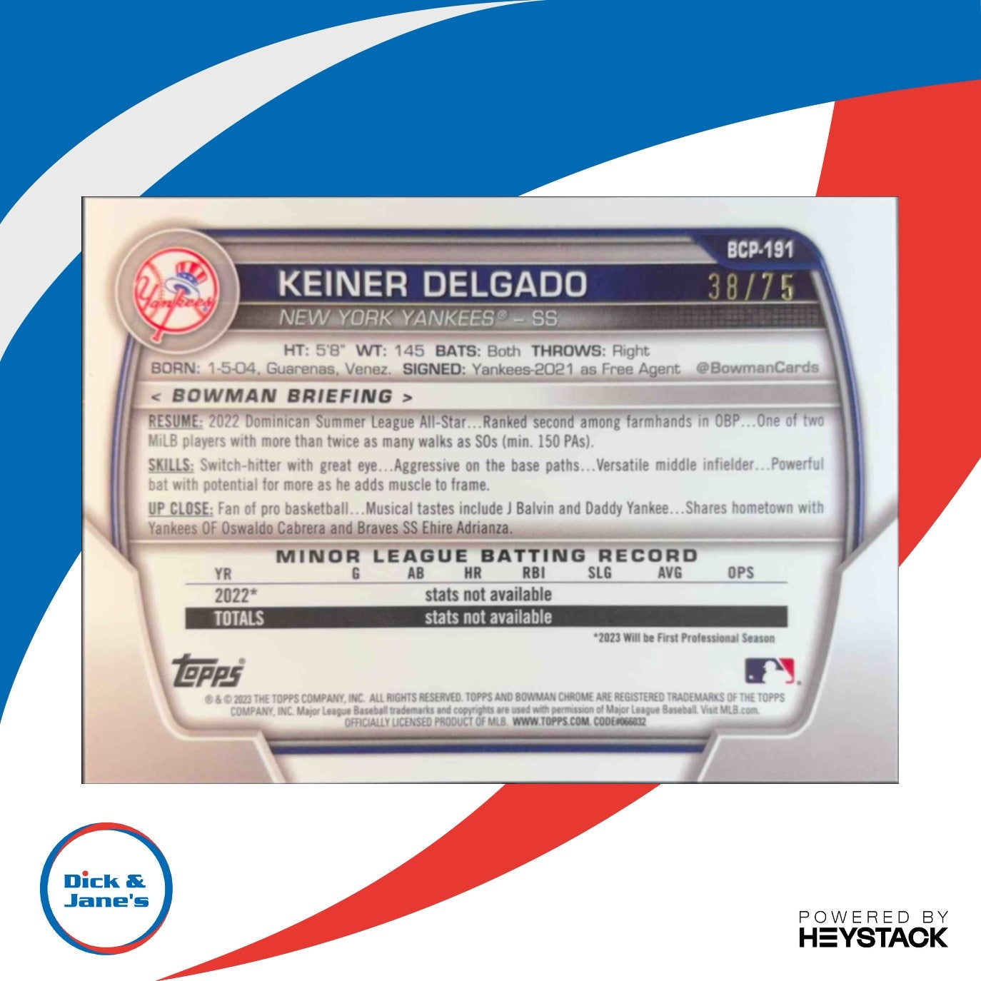 2023 Bowman Chrome Keiner Delgado Yellow Mojo Refractor 38/75 1st Prospect NY