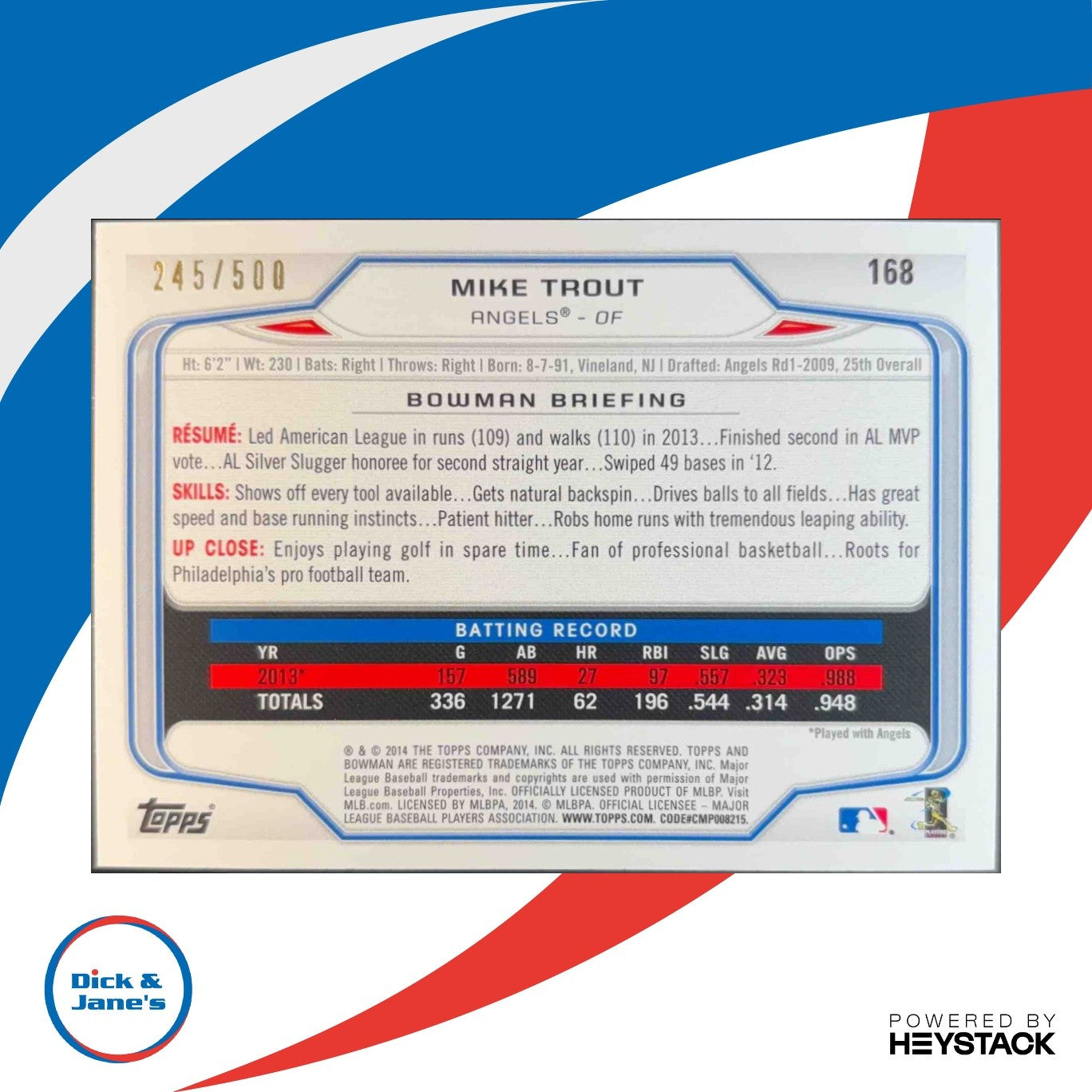 2014 Bowman Mike Trout Blue 245/500 #168 Los Angeles Angels