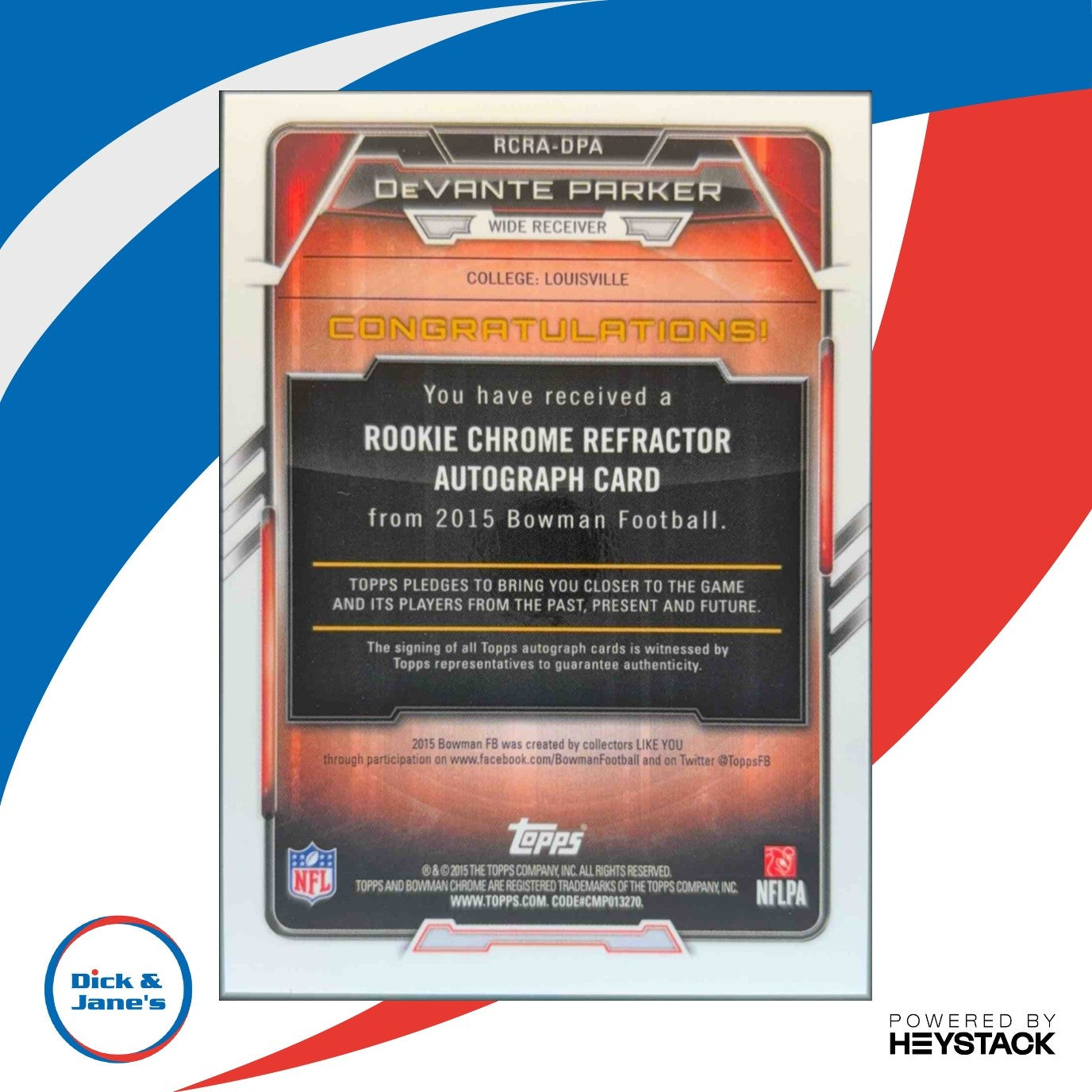 2015 Bowman DeVante Parker Rookie Chrome Refractor Auto Prism #d 5/5 RC