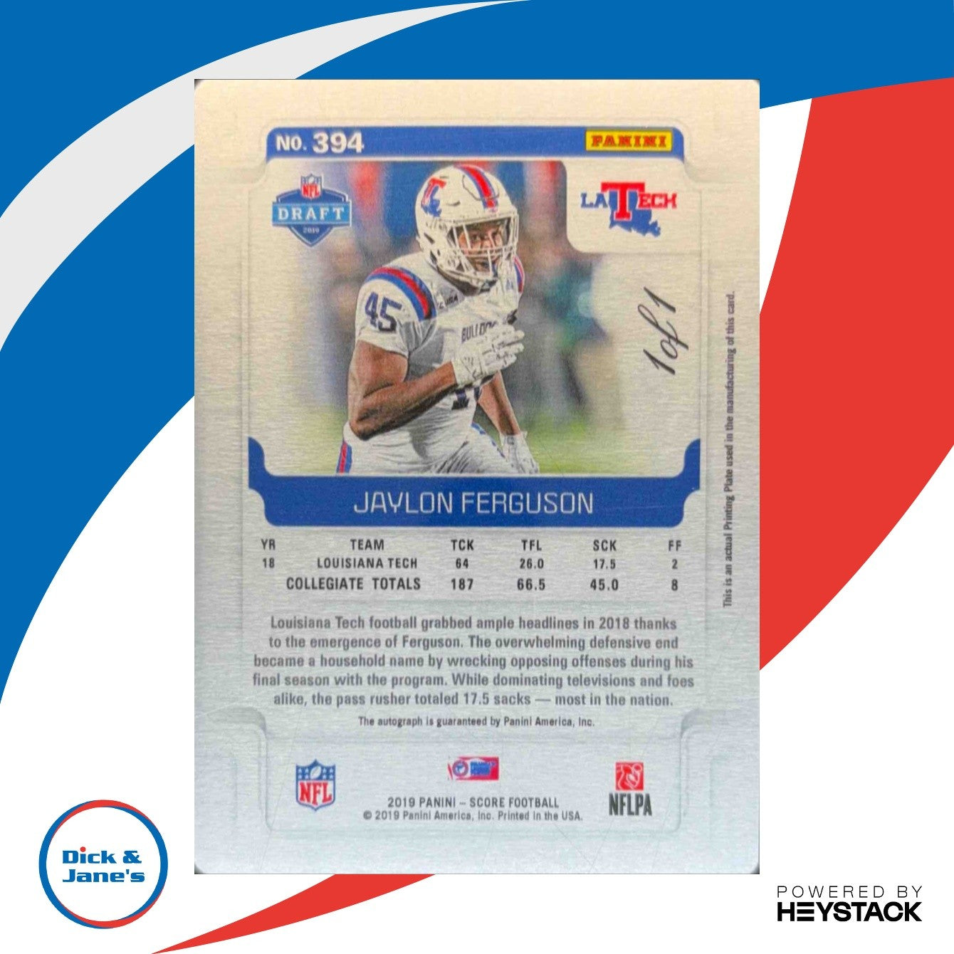 2019 Score Jaylon Ferguson Rookies Signatures Printing Plate Black 1/1 Auto