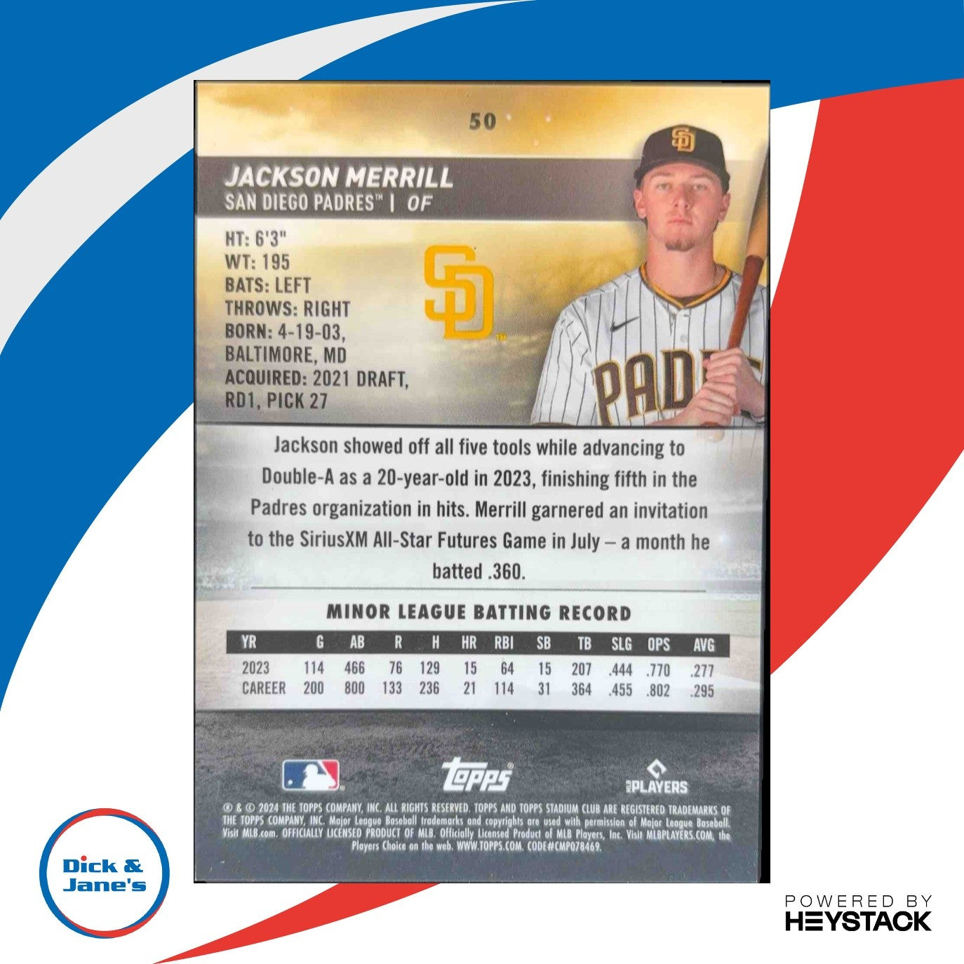 2024 Topps Stadium Club Jackson Merrill Chrome Pearl White Refractor 8/30 Padres