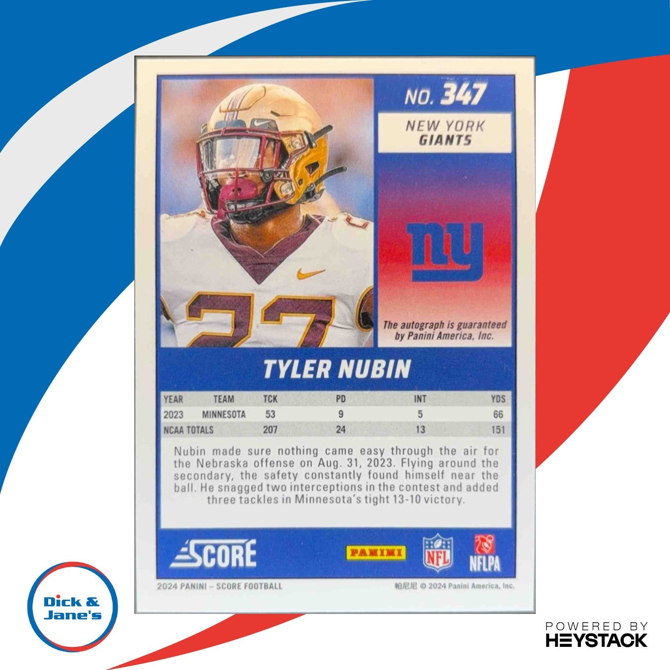 2024 Panini Score Tyler Nubin Signatures #347 Auto RC New York Giants