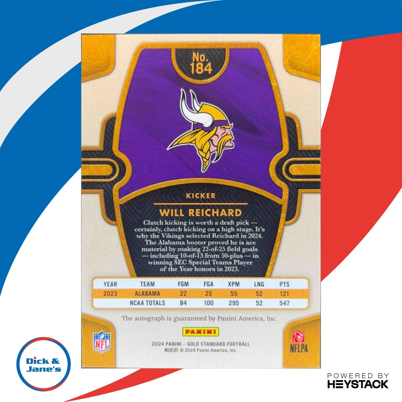 2024 Panini Gold Standard Will Reichard Auto 44/299 #184 Minnesota Vikings